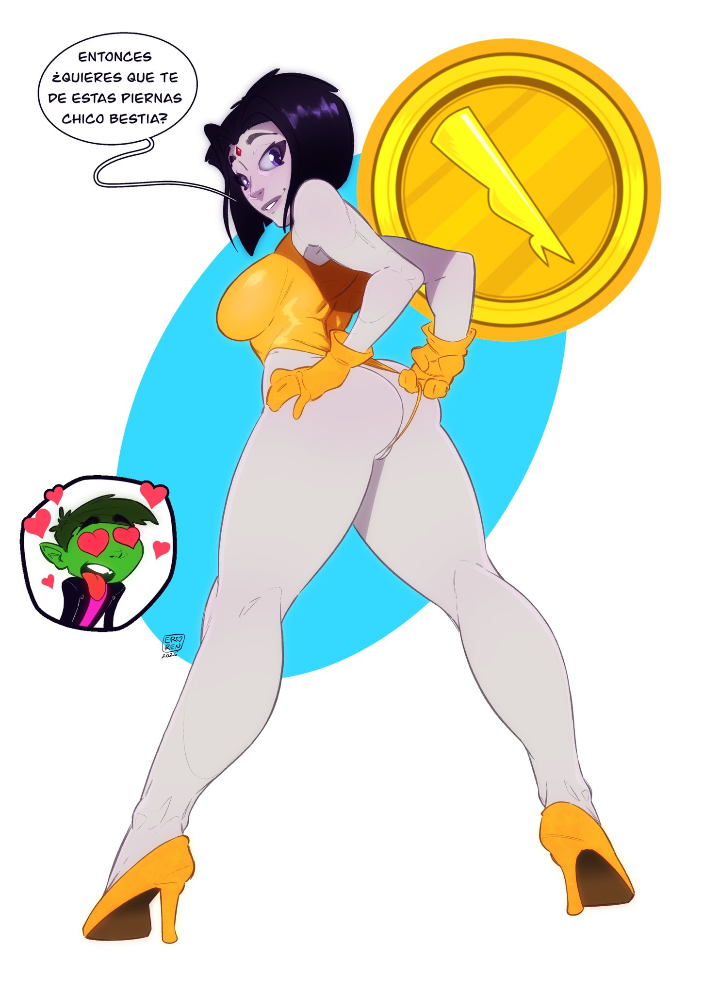 1girls, alternate version available, back view, beast boy, big breasts, big nipples, big thighs, big titties, breasts, clothing, curvaceous, curvaceous female, curvaceous figure, curvy, curvy figure, curvy hips, dc, dc comics, eroren, female, female focus, grey skin, lady legasus, leotard, looking at viewer, male, purple eyes, purple hair, rachel roth, raven (dc), short hair, teen titans