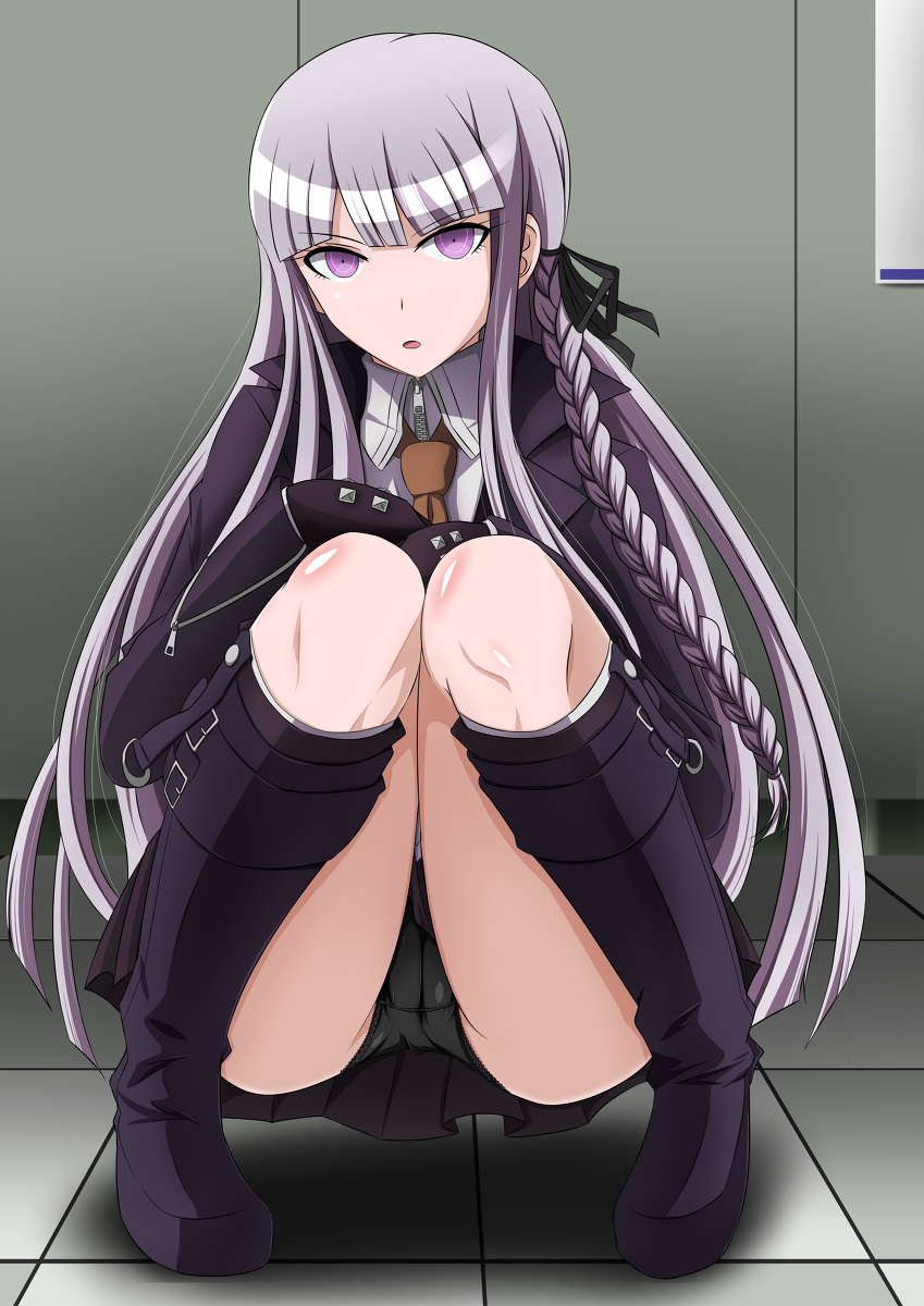 black_panties boots crouching danganronpa female female_only gloves kirigiri_kyouko long_hair looking_at_viewer makiri_akira open_mouth panties purple_eyes purple_hair straight_hair vest