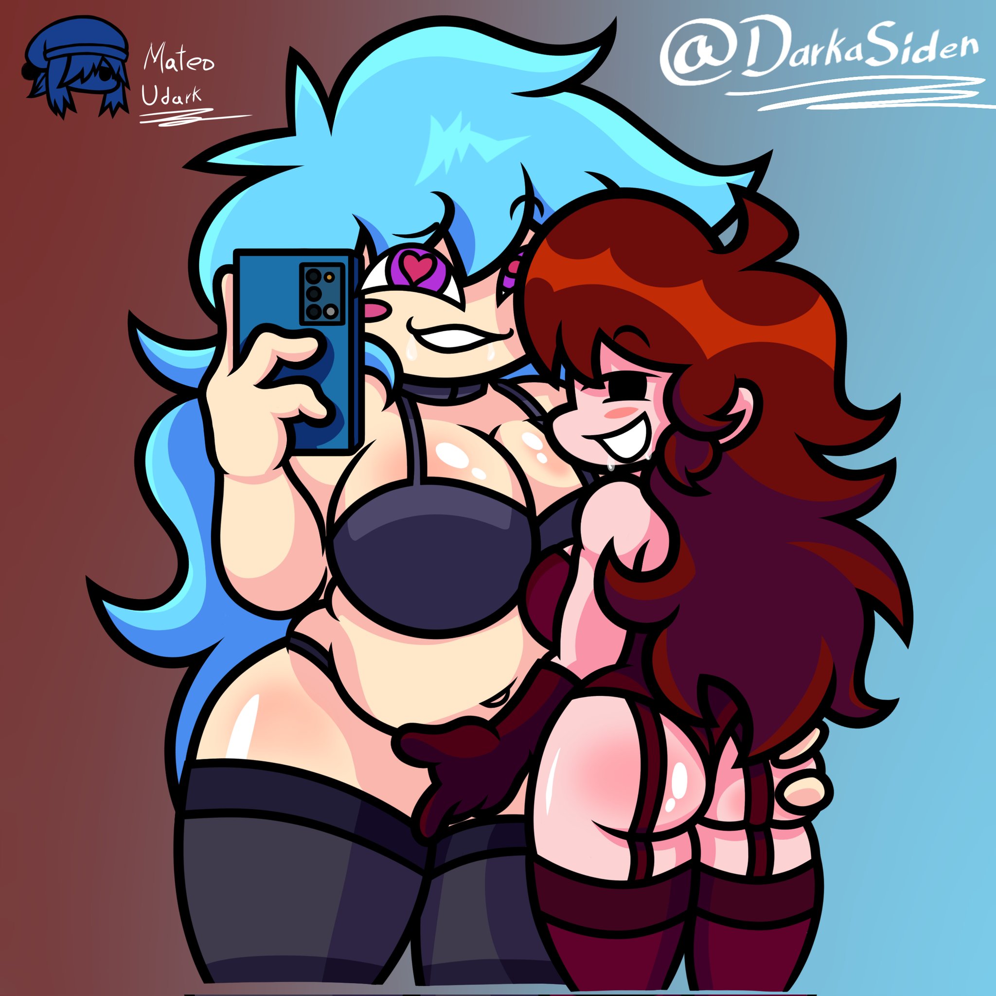 2girls, ass grab, auburn hair, belly bulge, big ass, big breasts, black eyes, blue hair, breasts, darkasiden, female, fnf, friday night funkin, friday night funkin mod, girlfriend (friday night funkin), heart pupils, lingerie, lingerie bra, lingerie only, lingerie panties, mateoudark, phone, pink pupils, purple eyes, skyblue, skyblue (friday night funkin), skyverse, thick thighs, yuri