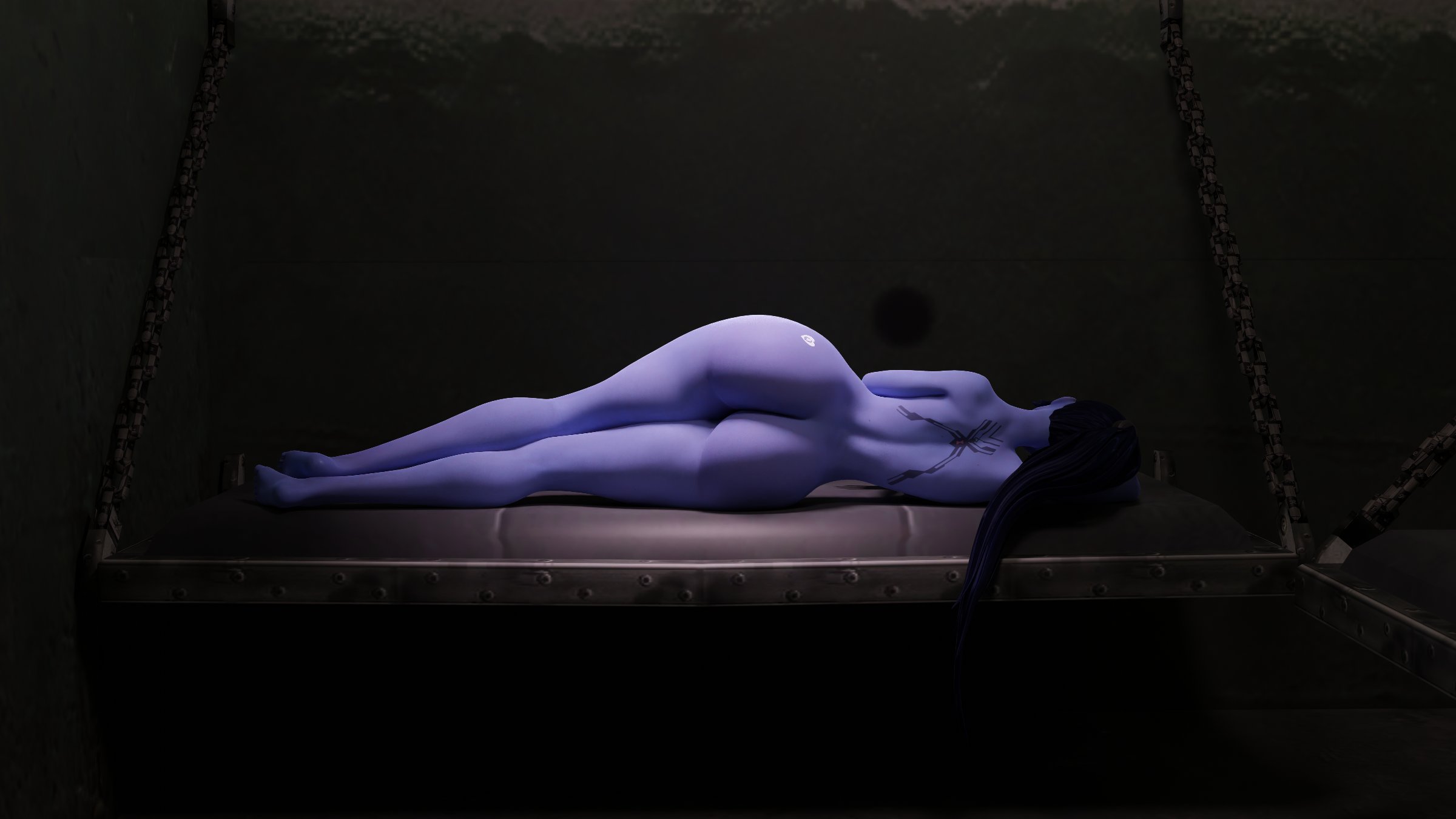 2022, 3d, ass, ass focus, big ass, blizzard entertainment, blue hair, blue skin, bubble butt, child bearing hips, female, female only, guidugalle, guimontag, huge ass, jail, jail cell, laying, laying down, laying on side, long hair, lying, lying on side, nude, on side, overwatch, ponytail, prison, prison cell, queen of hearts, queen of hearts tattoo, solo, solo female, tattoo, thick thighs, widowmaker