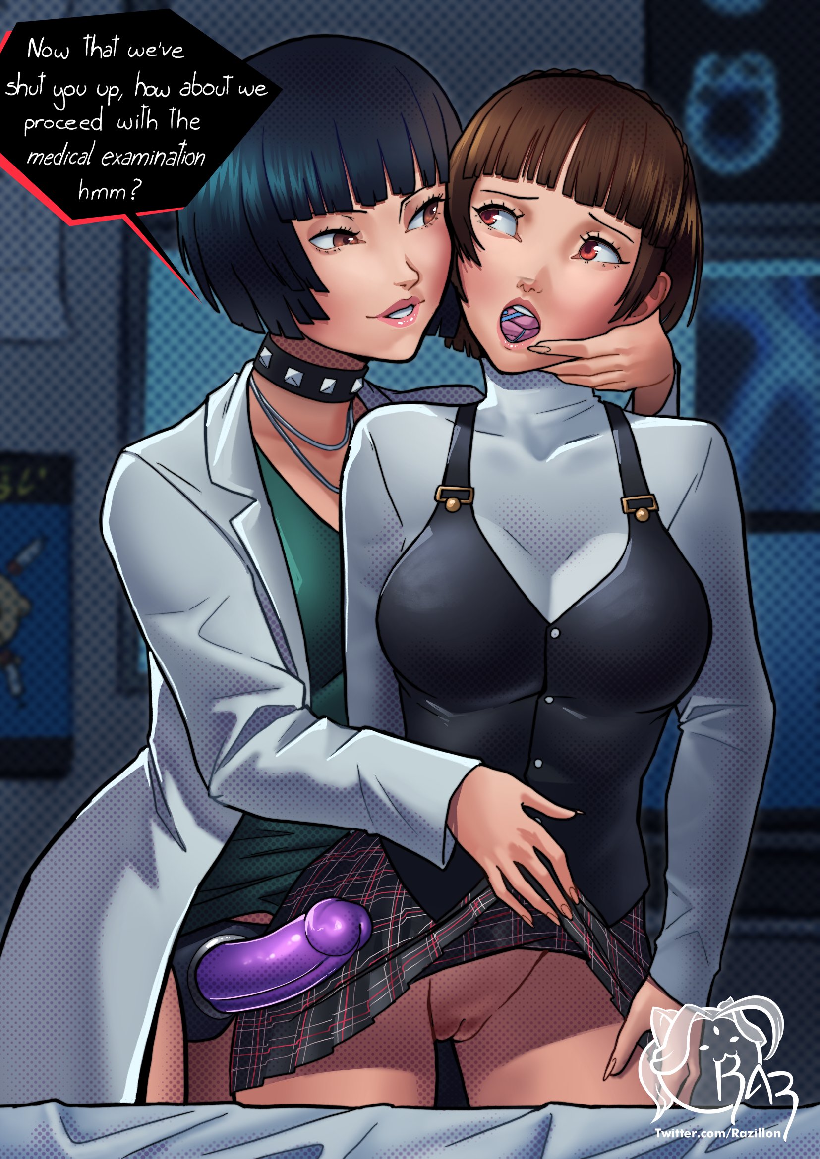 2025, 2girls, age difference, artist name, black hair, blush, brown hair, choker, clothed, clothed female, dialogue, doctor, english, english dialogue, english text, examination, eyes open, female, female focus, female only, female/female, femdom, femsub, gag, gagged, gagged female, highres, imminent sex, improvised gag, indoors, labcoat, lezdom, light skin, light-skinned female, makoto niijima, mouth stuffed, no panties, no pantyhose, panties, panties in mouth, panty gag, persona, persona 5, pink panties, pussy, pussy lips, razillon, red eyes, sex toy, short hair, skirt, skirt lift, skirt lifted by another, strap-on, strapon, studded choker, stuffed mouth, stuffed mouth gag, submissive female, tae takemi, watermark, yuri