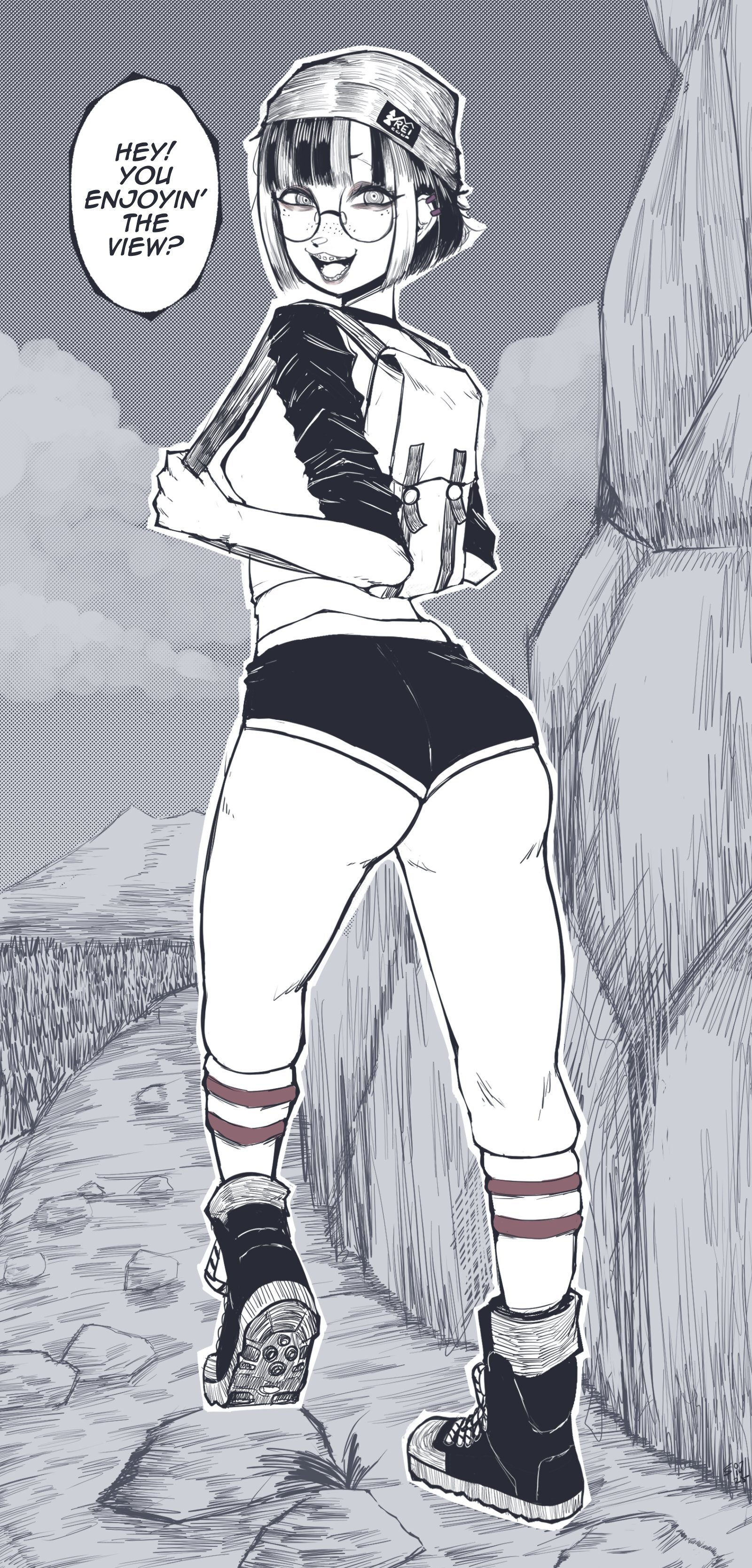 1girls, ass, beanie, big ass, black hair, braces, breasts, english text, female, female focus, female only, freckles, glasses, hi res, hiker-chan (tomboy sama), hiking, hotpants, light skin, light-skinned female, looking at viewer, looking back, small breasts, tagme, thick thighs, thighs, tomboy, tomboy sama, two-tone hair, white hair