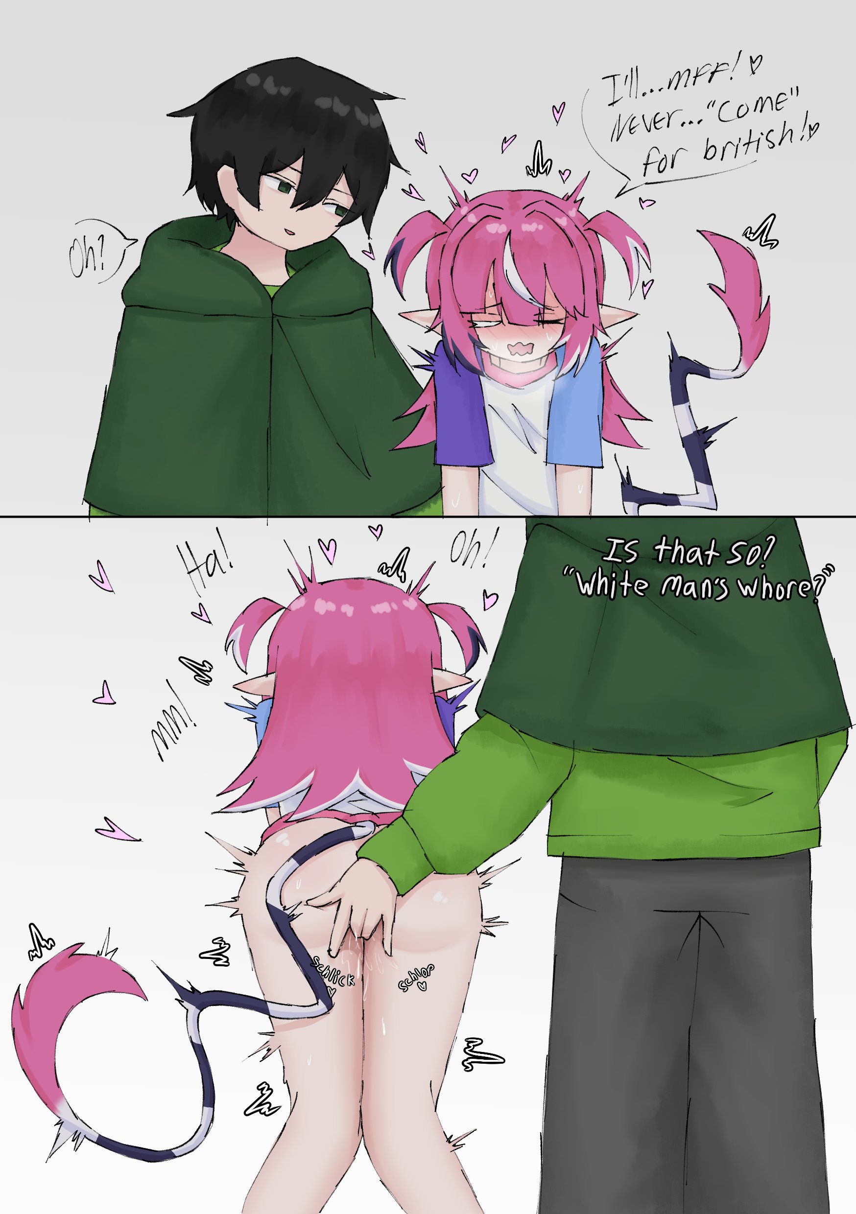 1boy, 1girls, arguing, black hair, camila (vtuber), female, fingering, fingering pussy, green eyes, heart, imp, indie virtual youtuber, light skin, light-skinned female, light-skinned male, male, no panties, pink hair, pointy ears, pussy, raceplay, szpecter, t-shirt, t-shirt only, tail, vedal987, virtual youtuber, vtuber