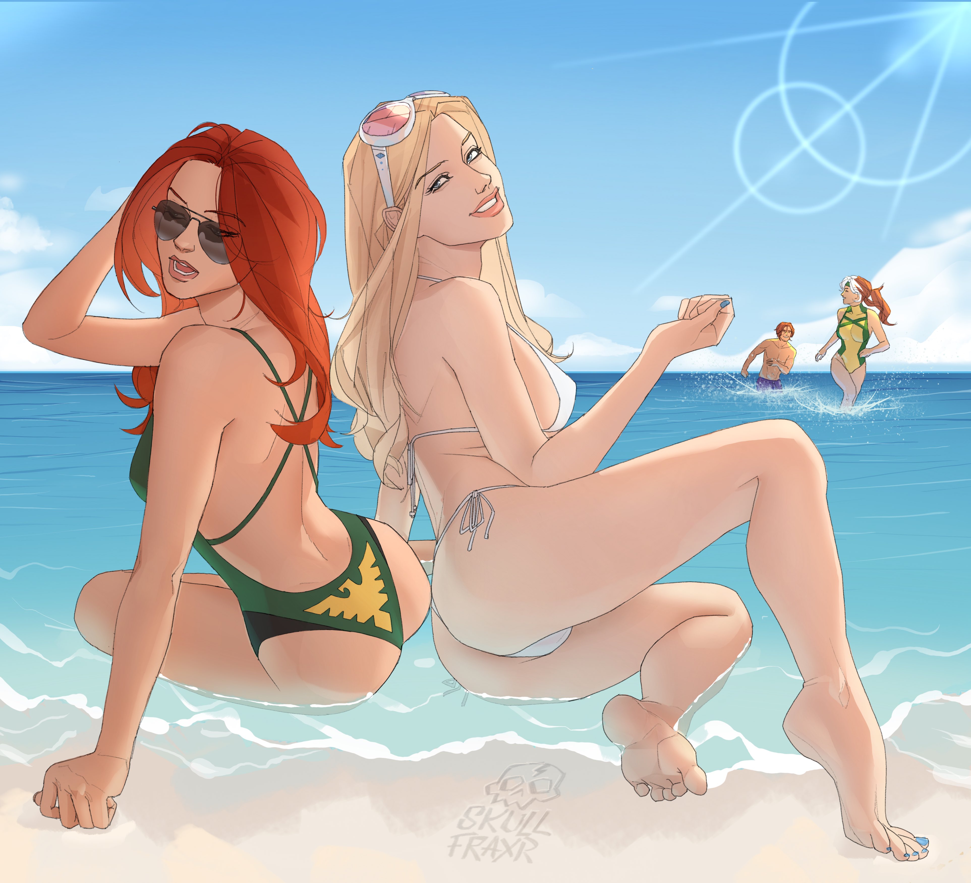 anna marie, ass, barefoot, beach, beachwear, bikini, blonde female, blonde hair, breasts, emma frost, feet, female, gambit, jean grey, large breasts, marvel, marvel comics, marvel girl, red hair, redhead female, remy lebeau, rogue (x-men), sea, seaside, skull fraxr, soles, sunglasses, swimsuit, thong bikini, toes, white queen, x-men