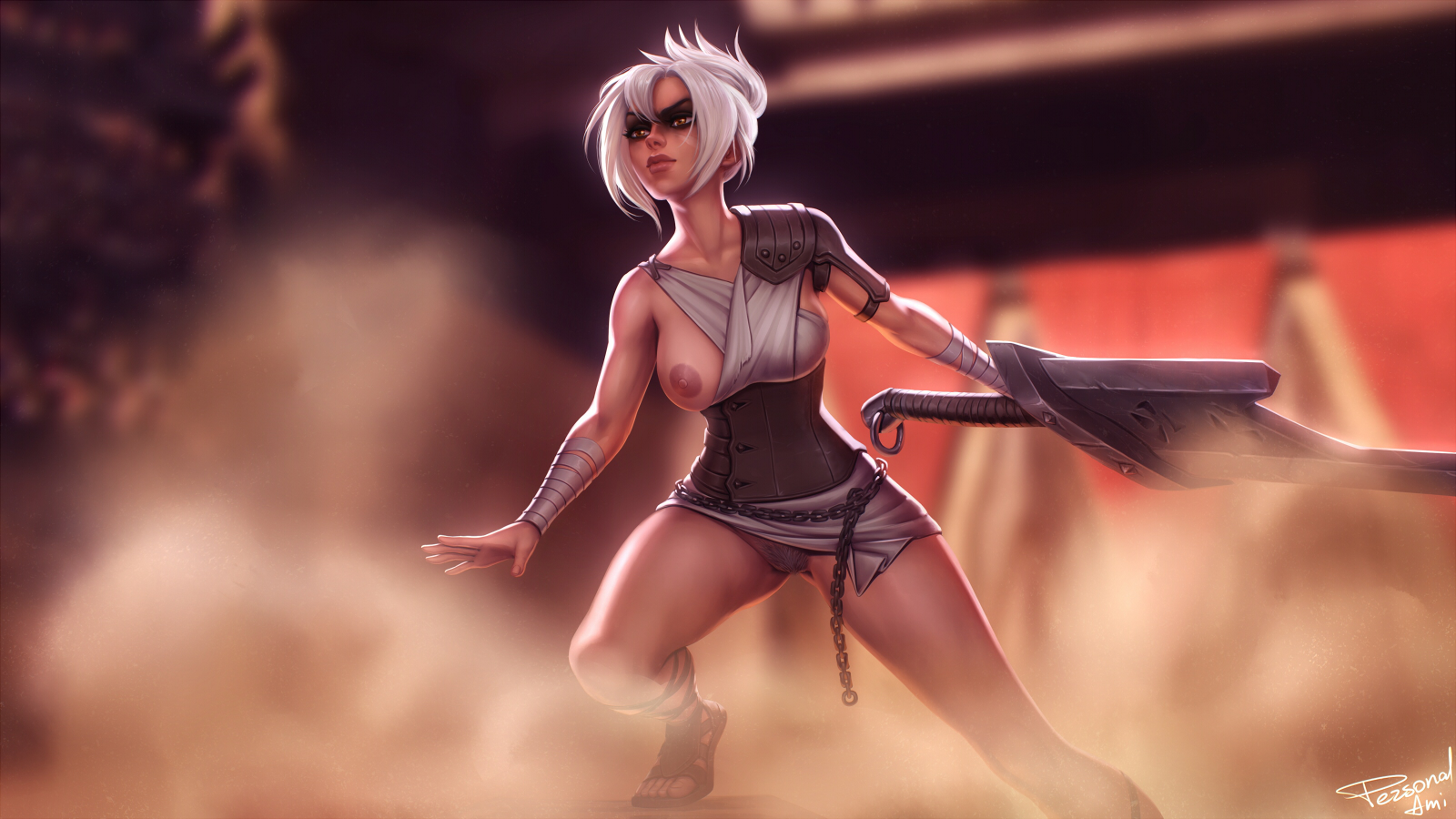 1girls, areolae, big breasts, bottomless, breasts, breasts out, female, female only, hairy pussy, league of legends, looking at viewer, nipples, no panties, no panties under dress, one breast out, open toe shoes, personalami, pubic hair, pussy, pussy peek, riven, solo, uncensored
