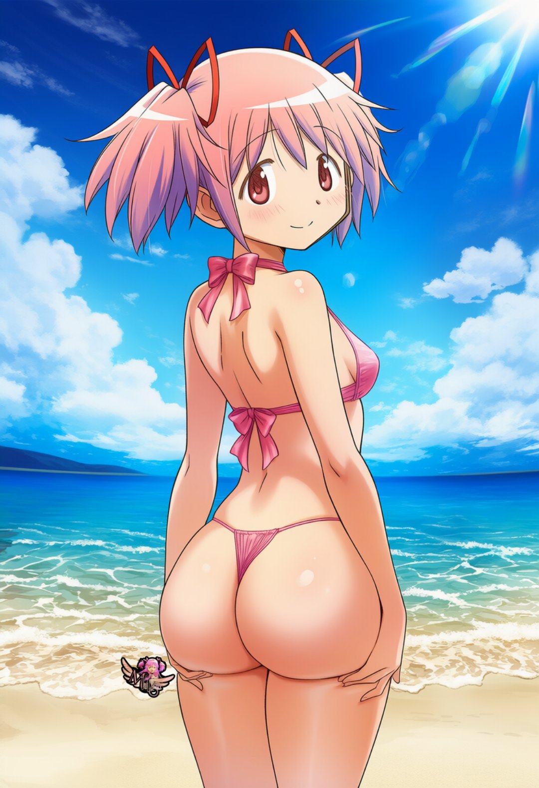 ai generated, artist logo, ass, ass focus, ass grab, back view, beach, big ass, big butt, bikini, butt focus, female, hair ribbon, highres, looking back, madoka kaname, madoka worship, magical girl, mahou shoujo madoka magica, pink eyes, pink hair, puella magi madoka magica, red ribbon, ribbon, ribbons, round ass, round butt, solo, solo female, solo focus, thick ass, thick thighs, thong, twintails