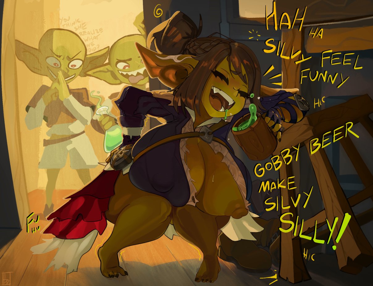 1girls, breasts, clothing malfunction, curvy, drugging, drunk, english text, exposed breast, female, goblin, goblin female, green skin, grimmy, huge breasts, implied transformation, nipple slip, puffy areola, shortstack, spiked drink, tagme, text, transformation, unaware
