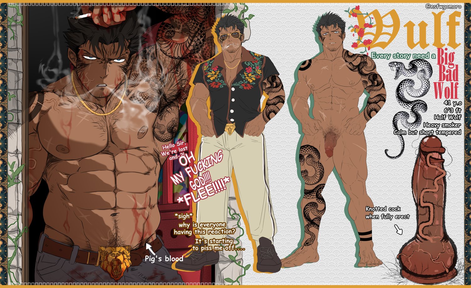 1boy, armpit hair, armpits, big penis, boner, character name, character sheet, dildo, english, english text, erection, feet, flaccid, gay, gomoro, large penis, male, male feet, male only, muscular, nude, oc, original character, penis, solo, solo male, text, thick penis, unusual anatomy, unusual penis, veiny penis