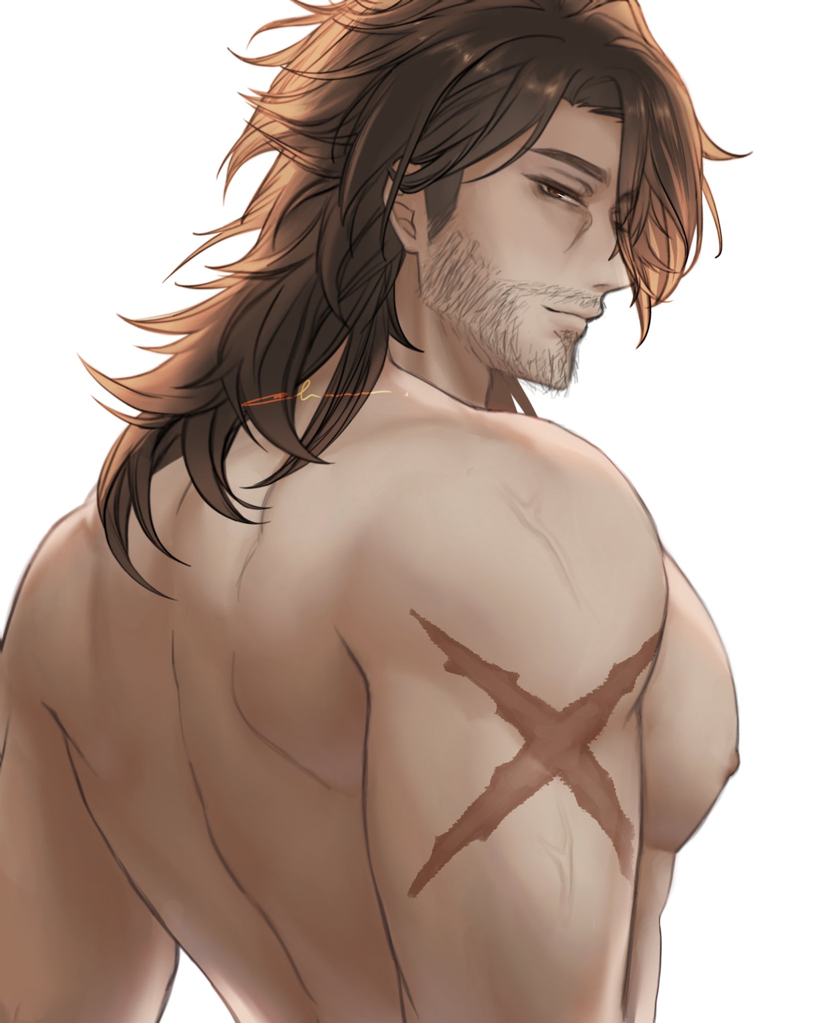 abs, bara, beard stubble, biceps, chamomilde, gallagher (honkai: star rail), honkai: star rail, male, male nipples, male only, masculine male, mature male, muscular, muscular male, nipples, nude, pecs, scar, yaoi