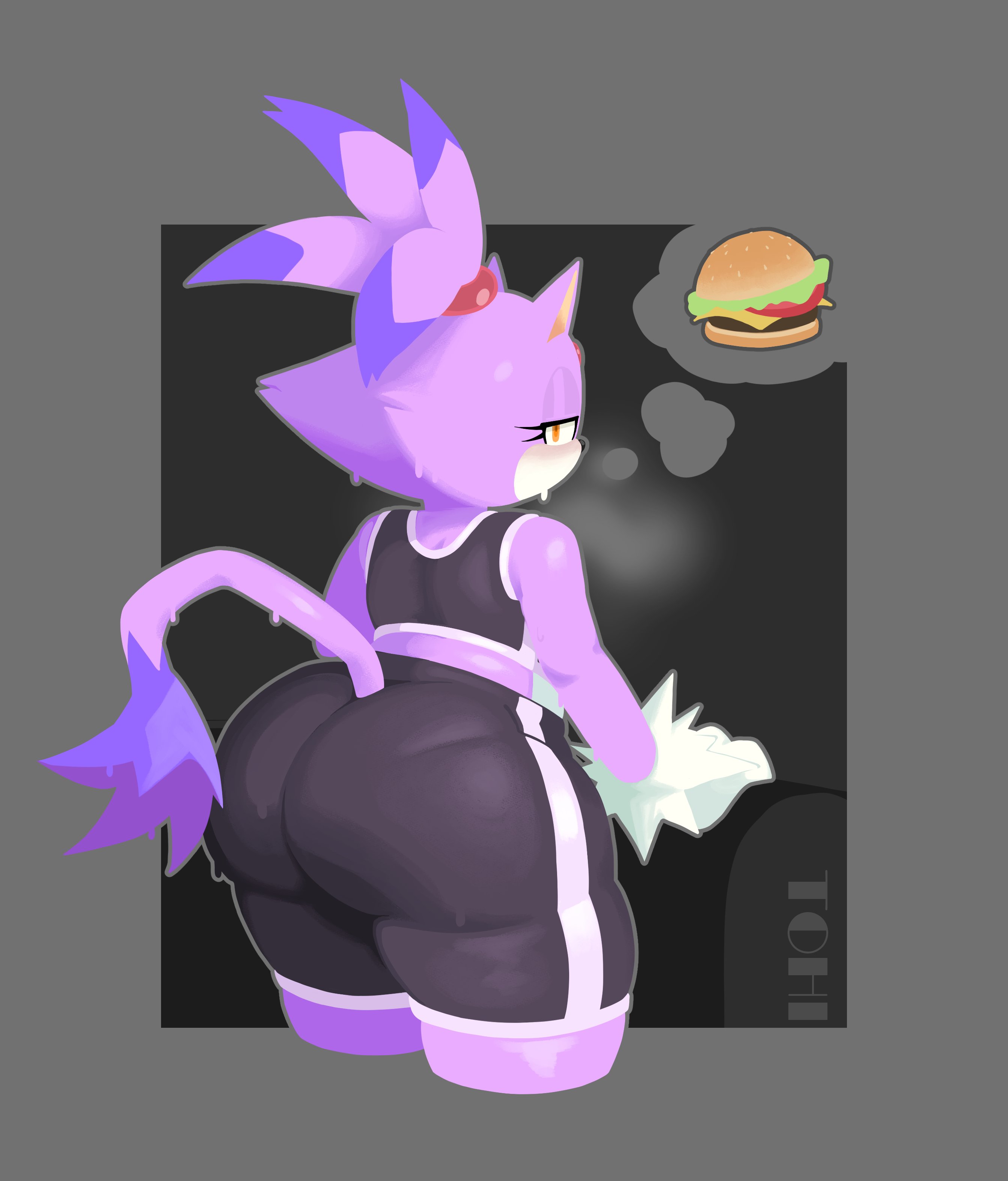 1girls, after workout, anthro, ass, big ass, blaze the cat, bottom heavy, burger, chubby, chubby female, crop top, fat ass, feline, female, female only, food, furry, furry only, huge ass, large ass, looking at viewer, looking back, musk, musk clouds, pantylines, shorts, solo, sonic (series), sonic the hedgehog (series), sweat, sweatdrop, sweaty body, tail, theonehornedimp, thick ass, thick thighs, thought bubble, thunder thighs, wide hips, workout clothes