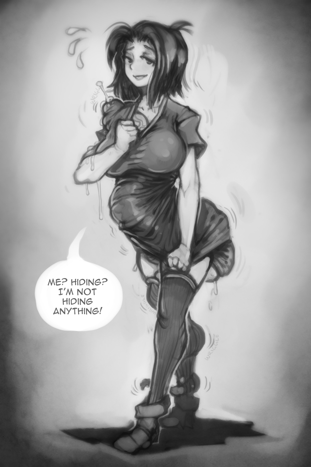 1futa, autopaizuri, autopaizuri under clothes, balls, clothed, clothing, erection under clothes, fully clothed, futa only, futanari, huge balls, huge cock, hyper penis, intersex, looking at viewer, penis, penis under clothes, precum, pwcsponson, skindentation, solo, solo futa, thighhighs