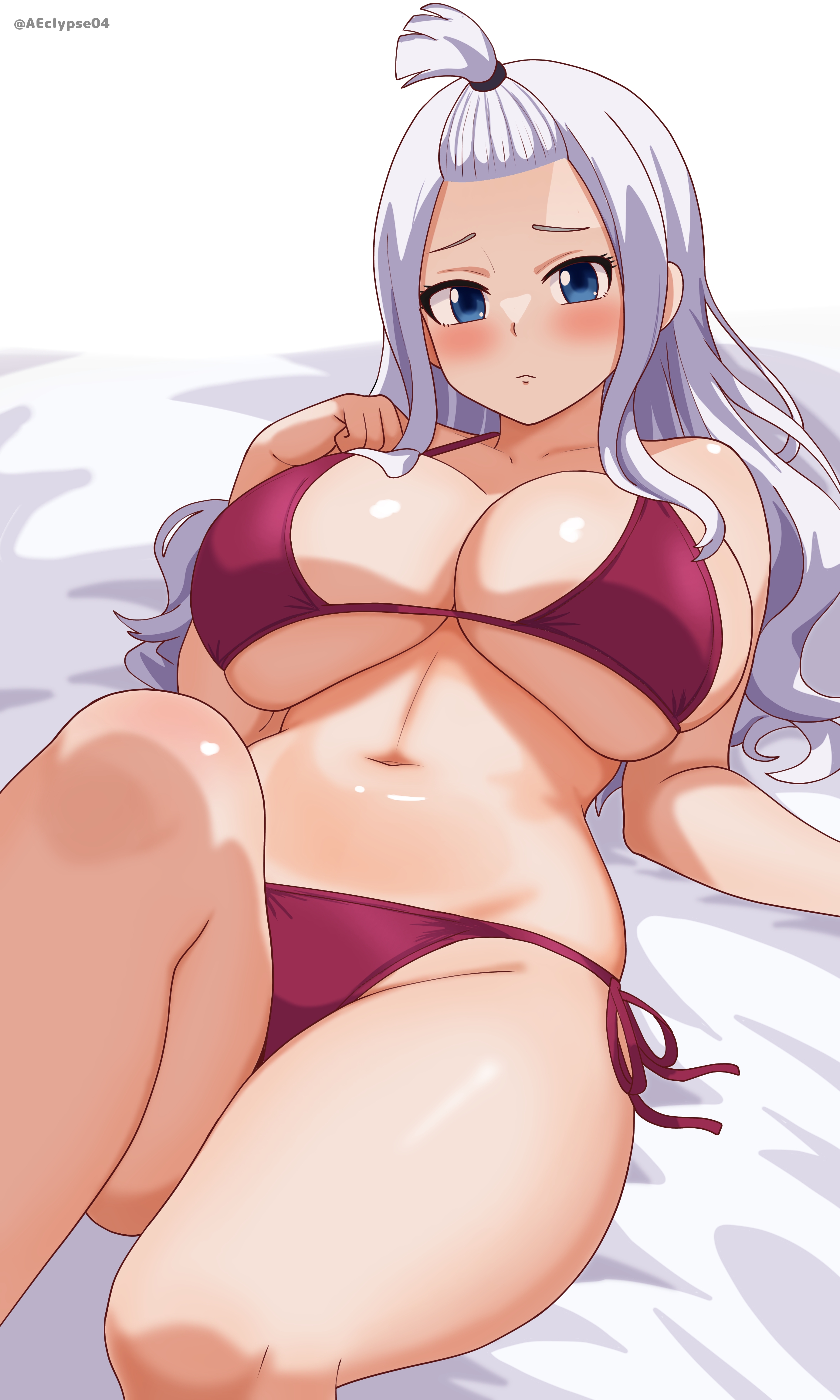 1girls, absurd res, absurdres, bikini, bikini bottom, bikini top, breasts, cleavage, curvaceous, curvaceous figure, curvy, curvy body, curvy female, curvy figure, curvy hips, eclyart, eclypse, eclypsea, fairy tail, female, female focus, female only, frown, frowning, frowning at viewer, hair ribbon, hi res, high resolution, highres, hips, inner sideboob, light skin, light-skinned female, long hair, looking at viewer, lying, lying on back, micro bikini, mirajane strauss, on back, pale skin, pale-skinned female, pinup, ponytail, red bikini, red bikini bottom, red bikini top, red panties, red swimsuit, ribbon, short ponytail, sideboob, skimpy, skimpy bikini, solo, solo female, solo focus, swimsuit, thick thighs, thighs, thunder thighs, tied hair, underboob, very high resolution, voluptuous, voluptuous female, wavy hair, white hair, white-haired female, wide hips