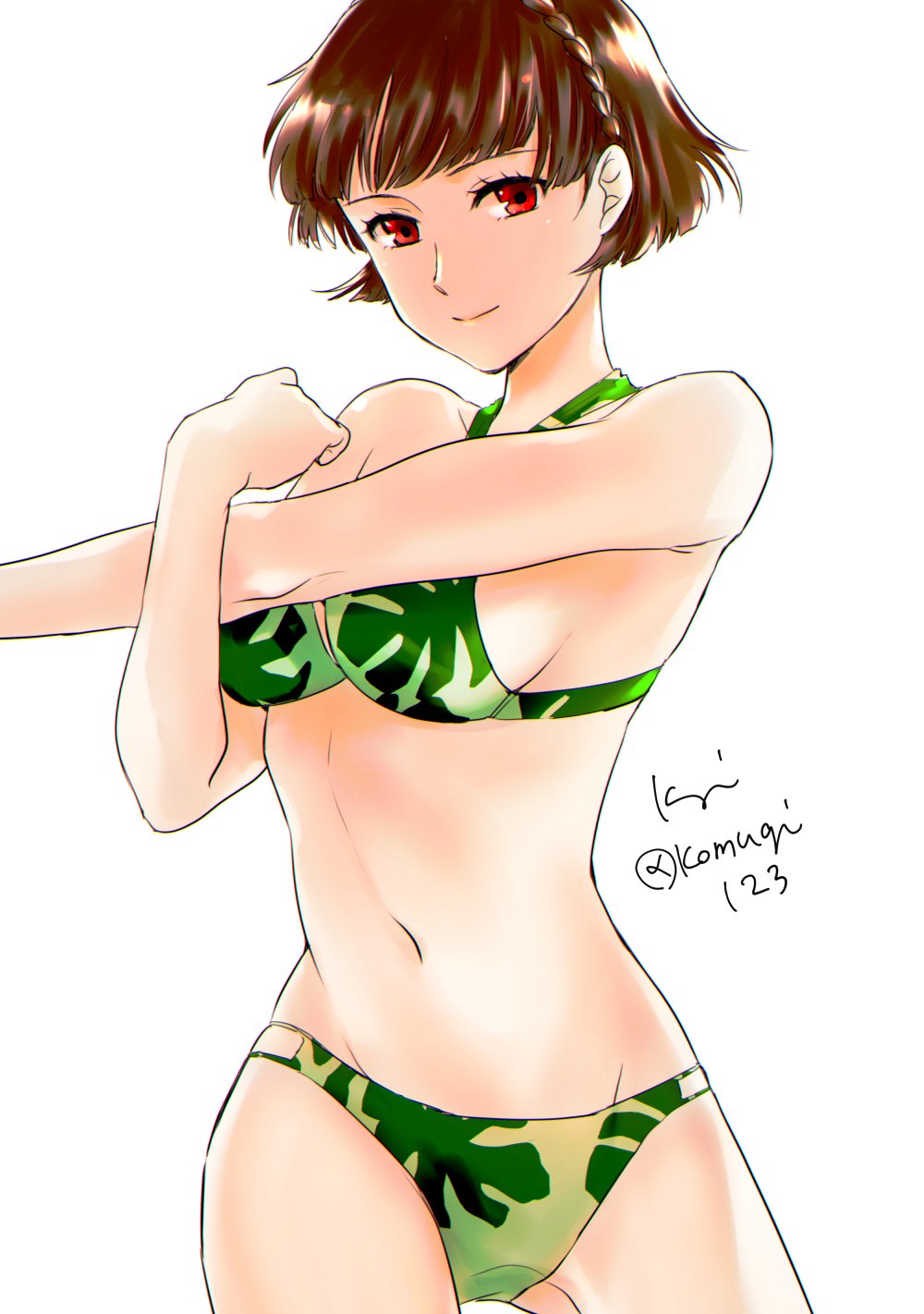 1girls, 2d, artist name, artist signature, atlus, bikini, brown hair, female, komugi123, light skin, looking at viewer, makoto niijima, makoto niijima (swimsuit strikers), navel, persona, persona 5, red eyes, short hair, smile, solo, solo female, streching, tagme, white background