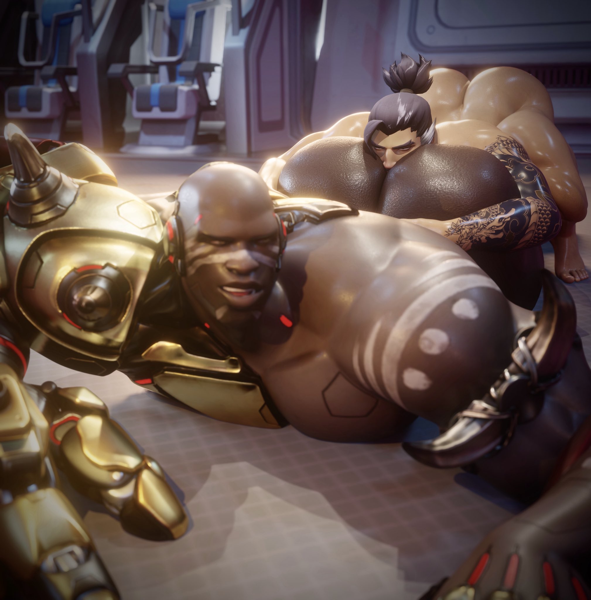 3d, 3d (artwork), akande ogundimu, arched back, arms around partner, ass, ass bigger than head, ass focus, ass grab, ass up, bald, bald male, bara, big ass, big butt, bigger male, black hair, bubble ass, bubble butt, butt, butt bigger than head, butt focus, butt grab, butt up, cybernetic arm, cybernetics, dace renders, dark-skinned male, dat ass, dat butt, doomfist, eyes rolling back, face down, face down ass up, face down butt up, fat ass, fat butt, gauntlets, gay, gay rimjob, grabbing, grabbing ass, grabbing butt, grabbing from behind, hair tied, hands on ass, hands on butt, hands on ground, hanzo, hanzo shimada, huge ass, huge butt, indoors, large ass, large butt, light-skinned male, male, male only, male/male, muscular, muscular male, open mouth, open mouth smile, overwatch, overwatch 2, rimjob, rimming, rimming male, round ass, round butt, size difference, smaller male, smaller rimming bigger, smile, squatting, sweat, sweaty ass, sweaty body, tattoo, tattooed arm, thick ass, thick butt, tribal markings, tribal paint, white sideburns, yaoi