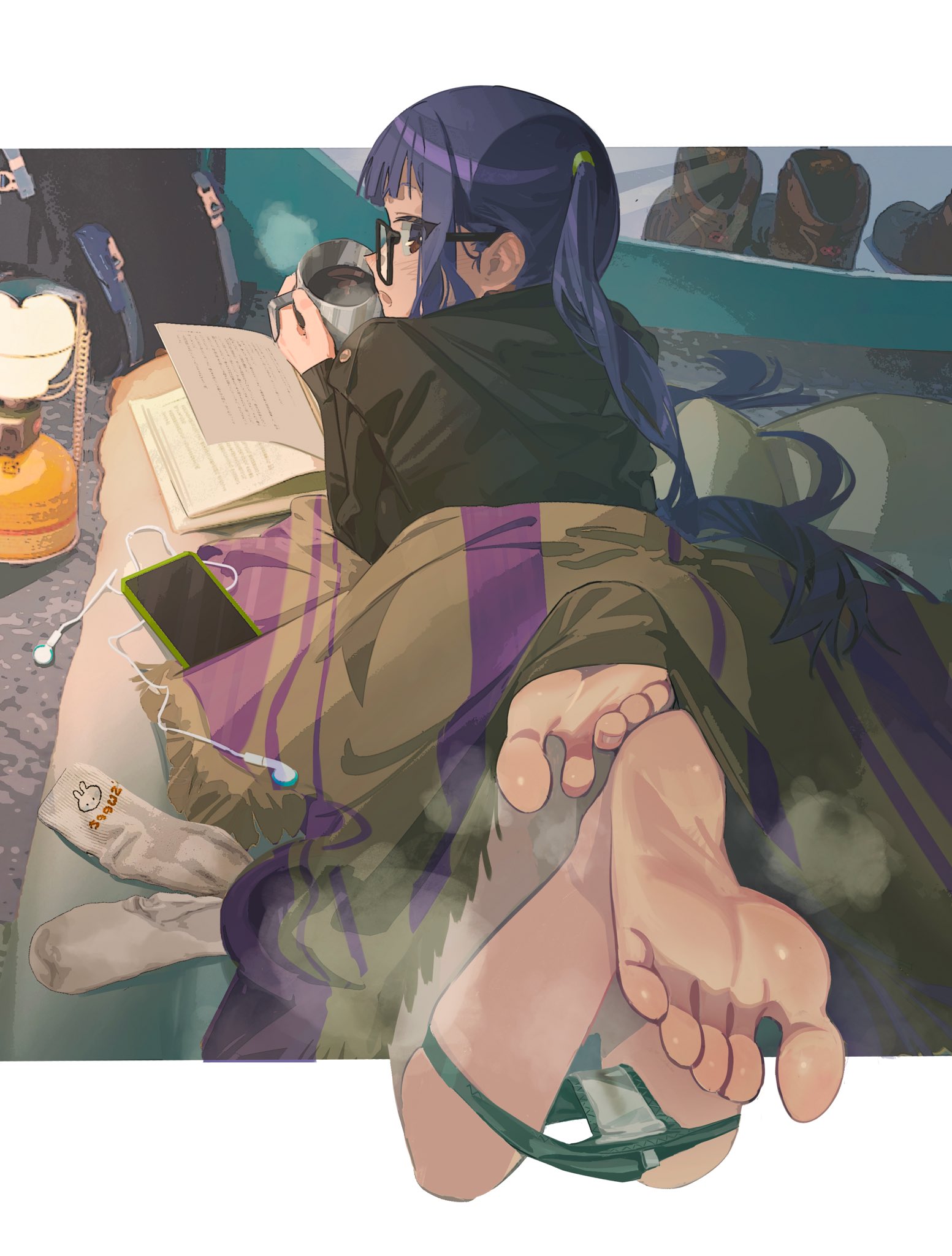camping, camping tent, feet, feet towards viewer, feet up, female, female only, foot fetish, glasses, looking at viewer, looking back, oogaki chiaki, panties, panties down, purple hair, shoes, shoes removed, socks, socks removed, soles, solo, solo female, stained panties, steam, sunny bitch, sweaty, toes, twintails, yurucamp