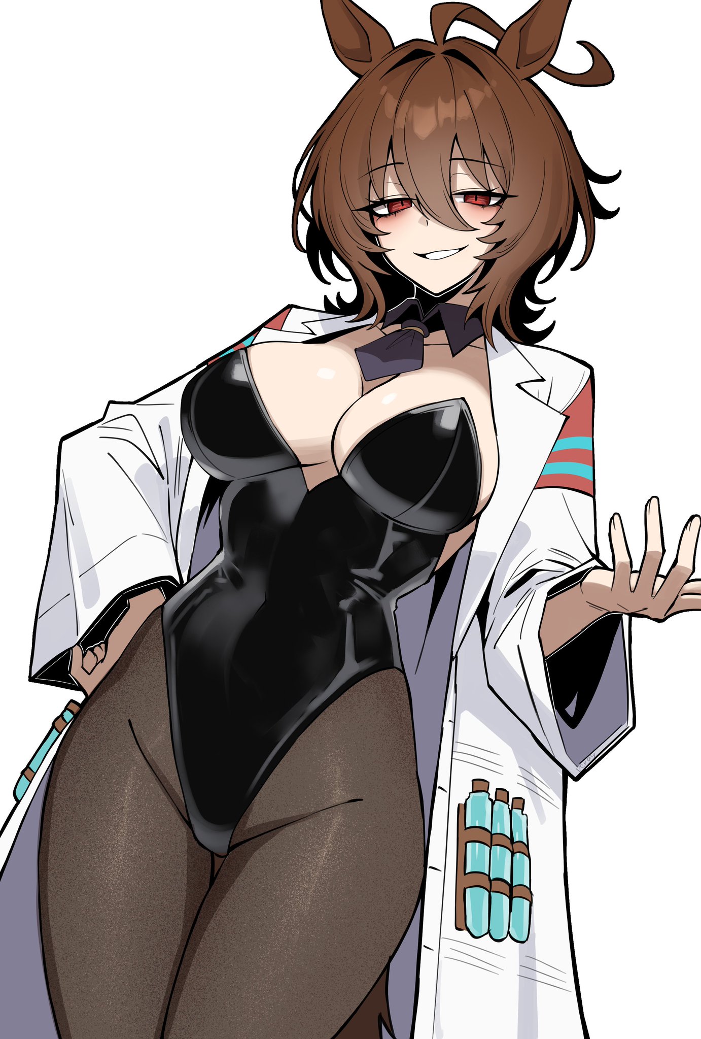 1girls, agnes tachyon (umamusume), animal ears, big breasts, breasts, brown hair, bunnysuit, coat, female, horse ears, horse girl, labcoat, light-skinned female, red eyes, smug, smug face, solo, solo female, tail, thick thighs, thighs, umamusume, vvernerluniq, white background
