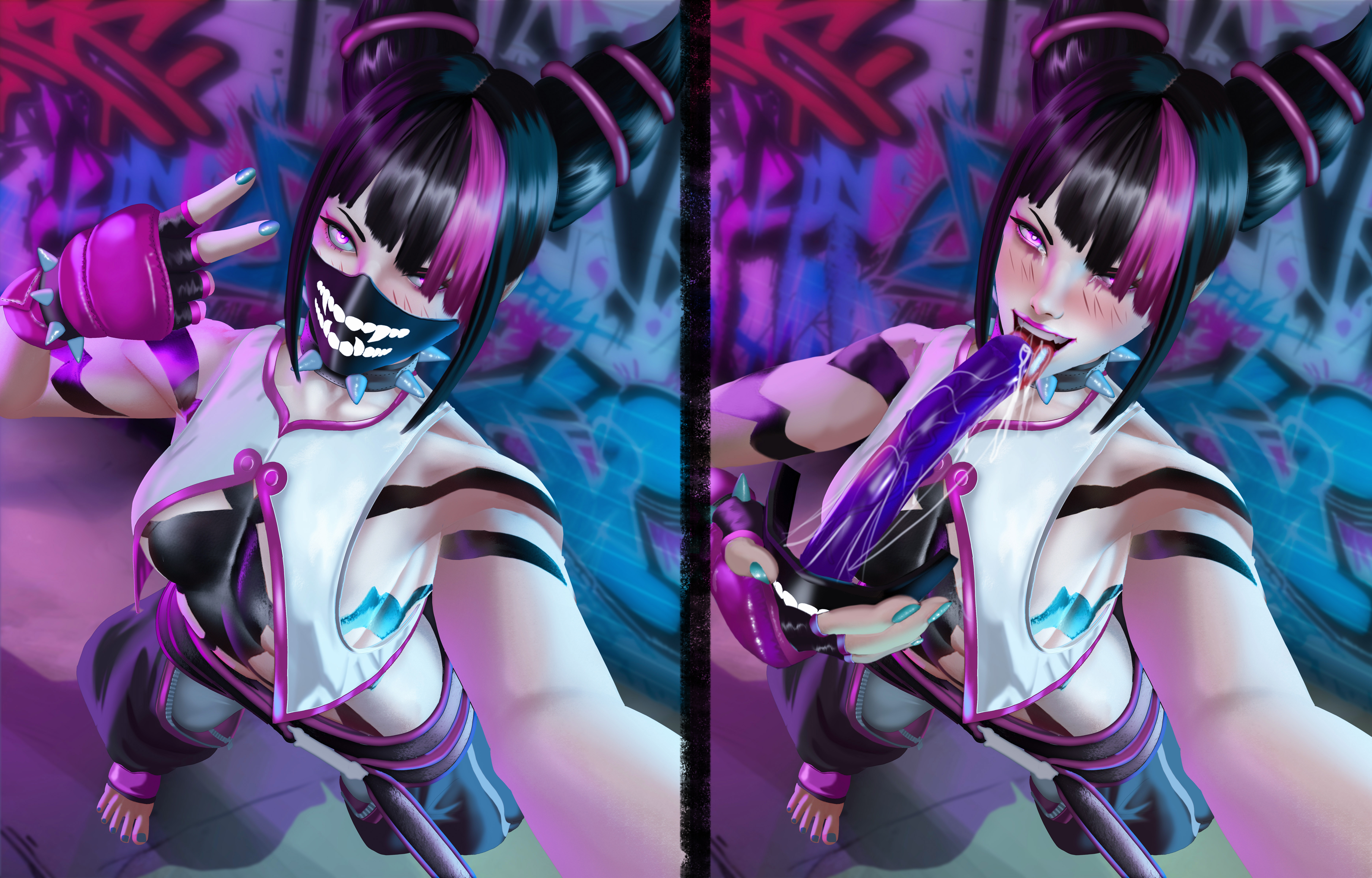 1girls, black hair, blushing at viewer, capcom, clophen, clothed, dildo, dildo in mouth, dildo mask, facemask, feet, female, gag, gagged female, gagging, hair cones, juri han, looking at viewer, masked, masked female, neon lights, peace sign, purple hair, saliva, saliva string, saliva trail, selfie, sex toy, spiked collar, streaked hair, street fighter, street fighter 6, toenail polish, toenails, toes, tongue, tongue out