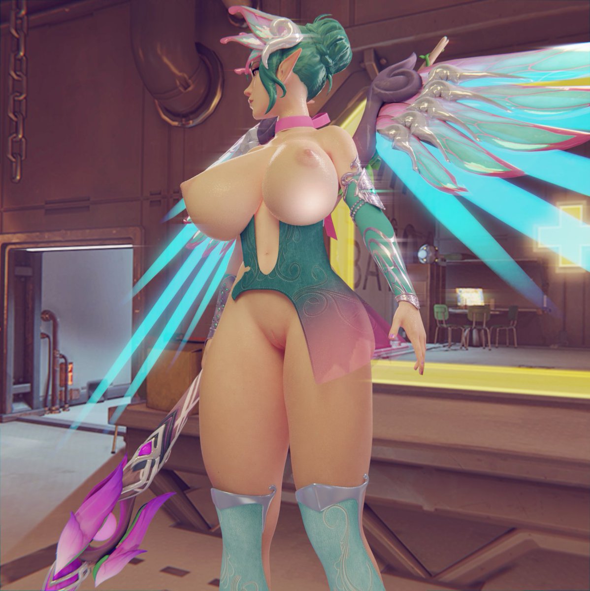 1girls, 3d, alternate costume, big breasts, breasts, female, female only, green hair, mercy, overwatch, pussy, solo, sugar plum fairy mercy, superhentaimaster9000, wings