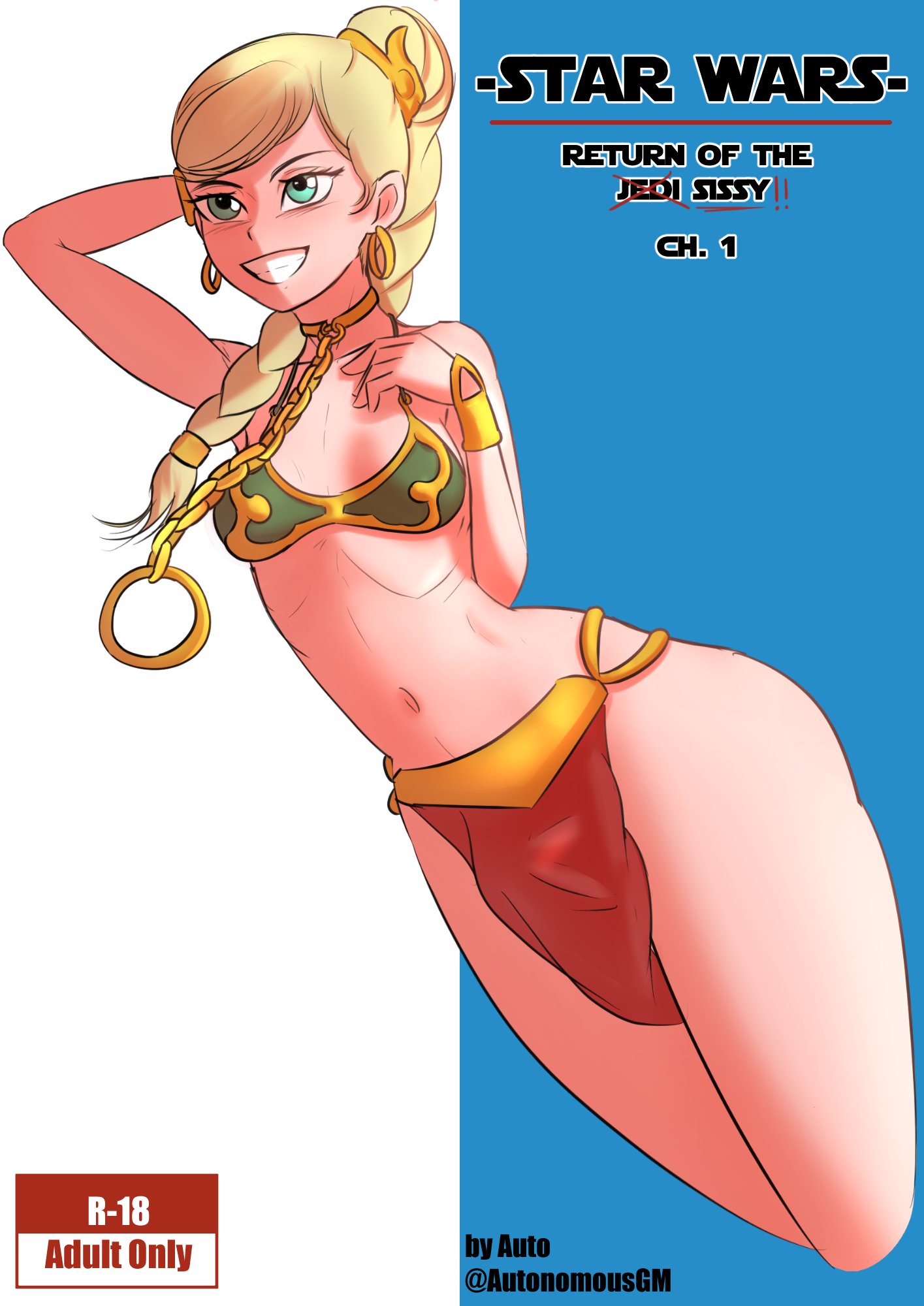 1futa, autonomous, belly, belly button, blush, braid, braided hair, braided ponytail, breasts, bulge, chain leash, chains, collar, comic, cosplay, exposed midriff, feminization, futanari, genderswap, genderswap (mtf), impersonation, intersex, leash, leash and collar, looking at viewer, luke skywalker, midriff, poster, role reversal, sissy, slave, slave bikini, slave collar, slave leia (cosplay), slave leia costume, slave outfit, star wars, trans woman, transfem