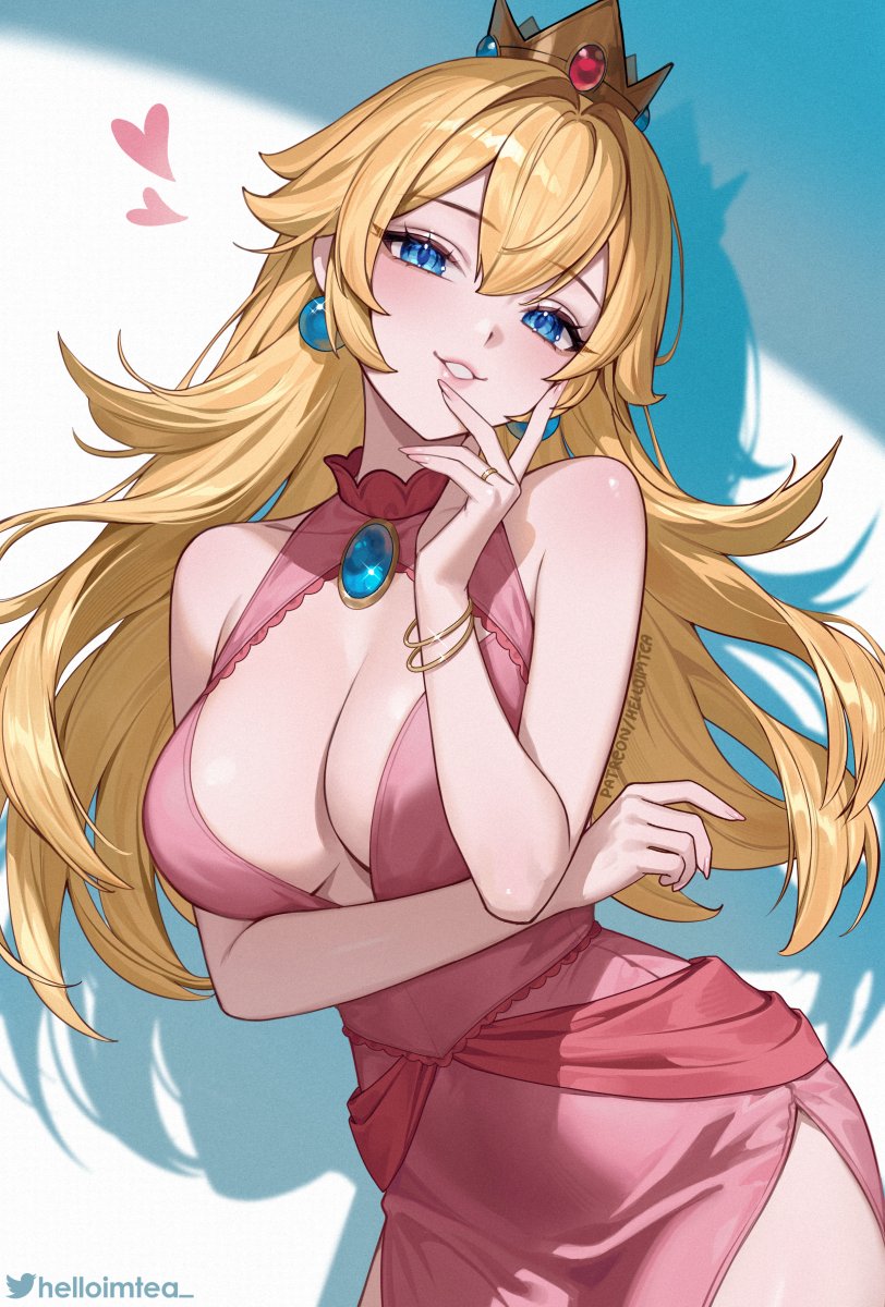 1girls, arm under breasts, bare shoulders, blonde hair, blue eyes, blush, breasts, cleavage, collarbone, commentary, crown, dress, earrings, female, female only, fingernails, gem, hair between eyes, hand up, head tilt, heart, helloimtea, highres, jewelry, large breasts, long hair, looking at viewer, mario (series), nintendo, parted lips, pink dress, princess, princess peach, red gemstone, solo, twitter logo, twitter username, very long hair