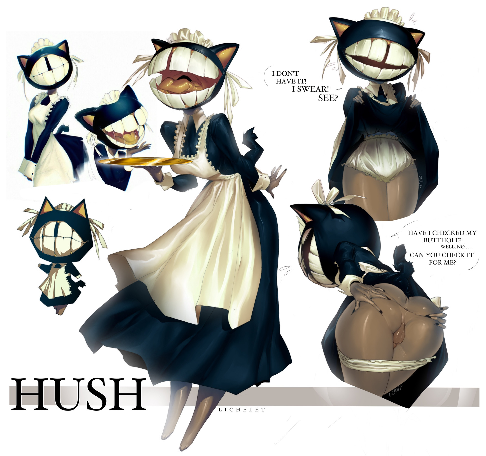 body horror, hush (lichelet), lichelet, maid outfit, no eyes, spreading ass, weirdcore