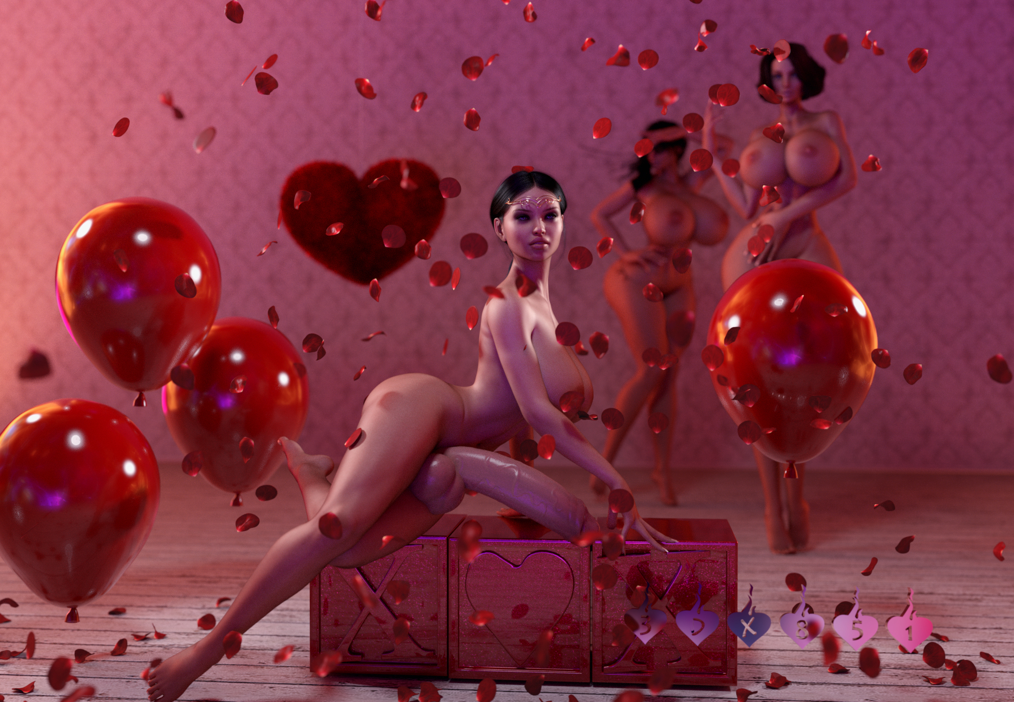 1futa, 2girls, 3d, 3dx851, areolae, balloon, balloons, balls, barefoot, big balls, big breasts, big penis, black hair, breasts, convenient censoring, curvy, dark hair, dickgirl, erection, female, futanari, hourglass figure, huge balls, huge breasts, huge cock, huge penis, intersex, large breasts, large penis, medium hair, nipples, nude, penis, petals, testicles, thick penis, thighs, thin waist, tiara, tied hair, veiny penis