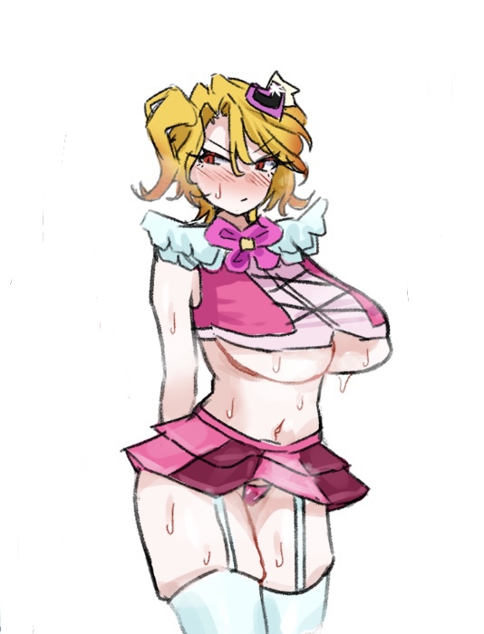 1girls, blonde hair, blush, breasts, cat nip, don quixote (limbus company), e.g.o (project moon), embarrassed, female, female only, garter belt, garter straps, huge breasts, in the name of love and hate (e.g.o), light skin, light-skinned female, limbus company, miniskirt, panties, possessed, possession, project moon, queen of hatred, red eyes, sancho (limbus company), skirt, sleeveless, solo, sweat, sweatdrop, sweaty body, sweaty breasts, thighhighs, tied hair, twintails, underboob, white background