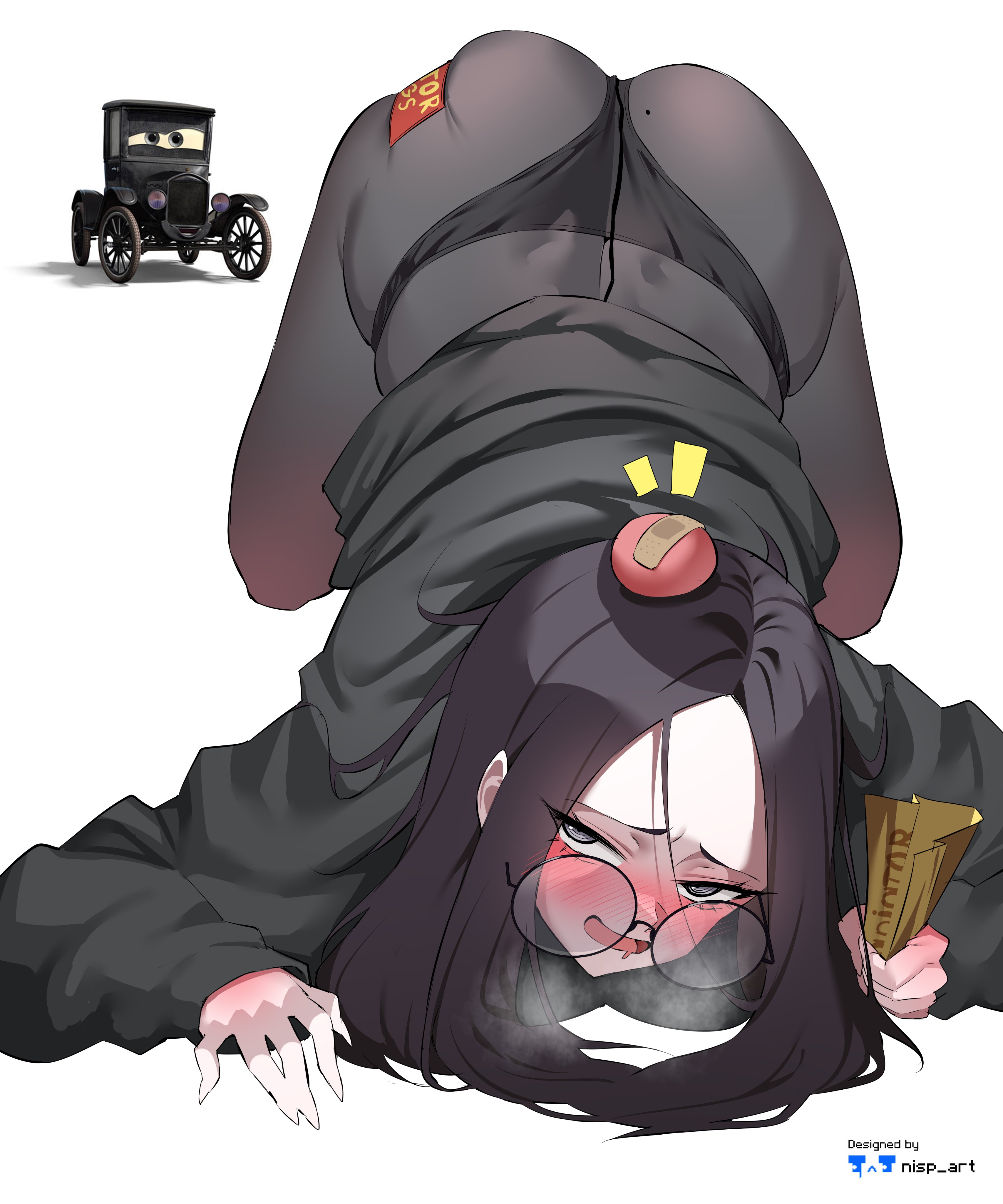 1girls, absurd res, absurd resolution, absurdres, ass up, ass up face down, black eyes, blush, cars (film), color, colored, dark hair, disney, female, female only, glasses, high res, high resolution, highres, horny, horny female, human version, humanization, humanized, lizzie (cars), mole, mole on ass, nisp art, panties visible through clothing, pixar, skinny, skinny female, tights, underwear visible through clothing