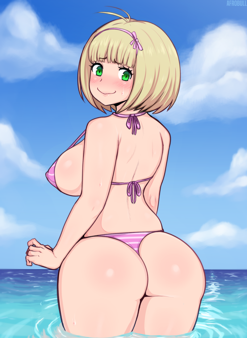 1girls afrobull ao_no_exorcist ass big_ass big_breasts bikini blonde_hair blush breasts chubby female female_only green_eyes human large_breasts looking_at_viewer looking_back moriyama_shiemi outdoors pink_bikini short_hair sideboob solo striped_bikini swimsuit thick_thighs thighs voluptuous water wide_hips