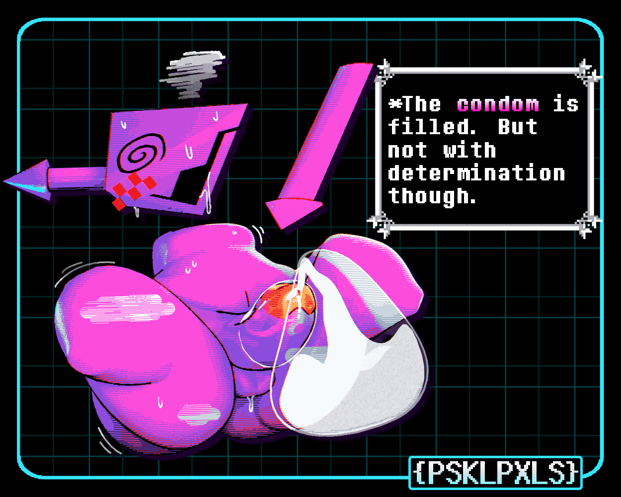 1boy, 2 horns, 2025, 3d (artwork), 5:4, anthro, armless, artist name, ass, balls, big butt, black eyes, blush, bodily fluids, bottom heavy, computer virus (species), conditional dnp, condom, cum, darkner, deltarune, digital creature, digital media (artwork), drooling, ejaculation, english text, exhausted, featureless legs, filled condom, flaccid, foreskin, genital fluids, genitals, glans, hands-free, horn, huge butt, huge thighs, male, male only, motion lines, navel, nude, nude anthro, nude male, open mouth, open smile, penis, pink balls, pink body, pink foreskin, pink glans, pink horn, pink penis, pink text, piskelpaxels , rectangular speech bubble, red blush, saliva, saliva string, sexual barrier device, smile, solo, spiral, spiral eyes, steam, sweat, sweatdrop, text, thick thighs, tired, uncircumcised, undertale (series), virovirokun, watermark, wearing condom, white speech bubble, white text, wide hipped anthro, wide hipped male, wide hips
