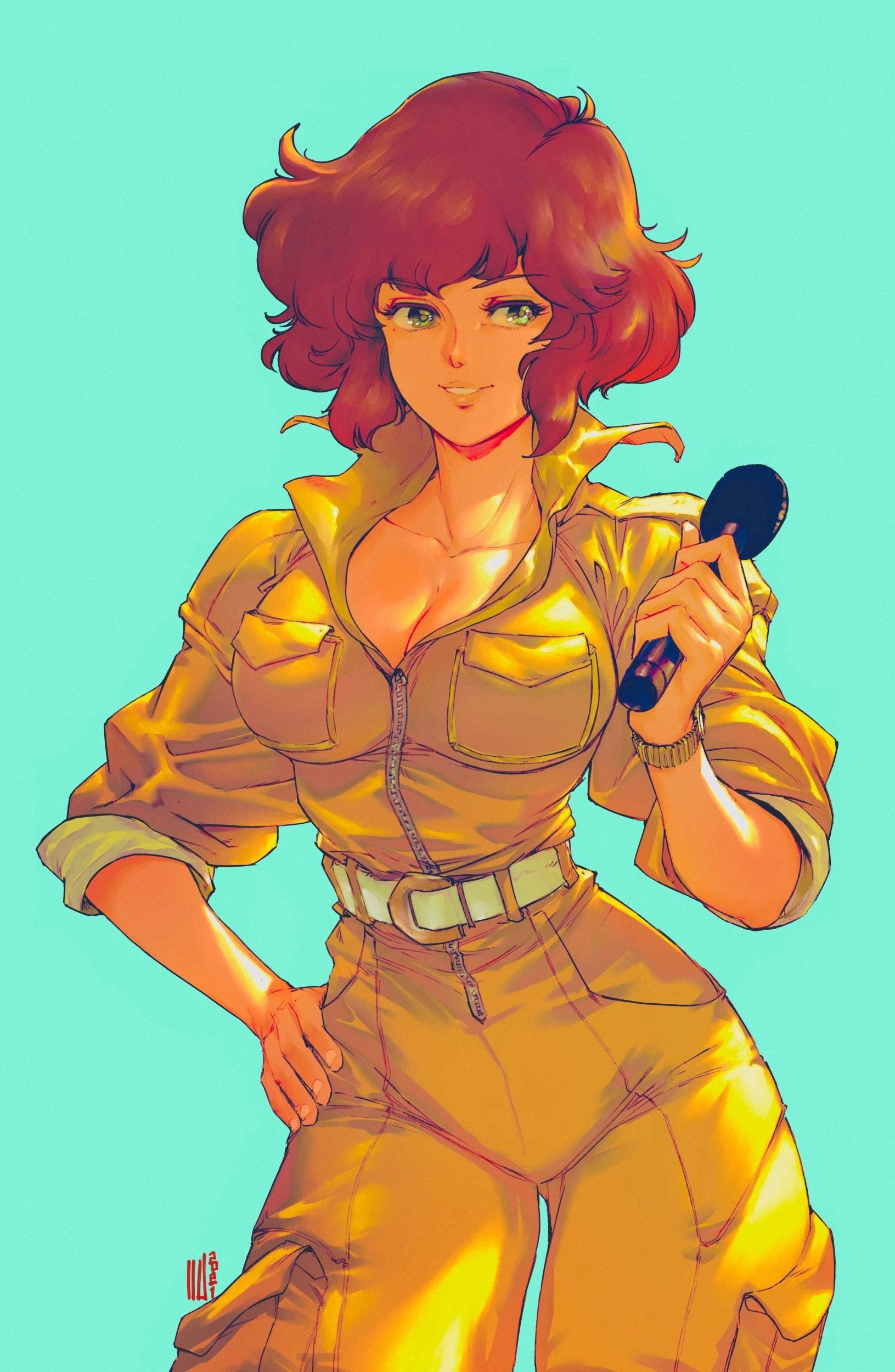 1girls, 2d, 2d (artwork), absurdres, april o'neil, april o'neil (tmnt 1987), backlighting, belt, big hair, blue background, breast poke, breasts, brown hair, cleavage, commentary, curvy, david liu, english commentary, female, green eyes, hand on own hip, highres, jumpsuit, large breasts, lips, microphone, narrow waist, poking, popped collar, pouch, revision, sfw, short hair, simple background, sleeves rolled up, smile, solo, teenage mutant ninja turtles, teenage mutant ninja turtles (1987), thigh pouch, upper body, watch, white belt, wristwatch, yellow jumpsuit, zipper