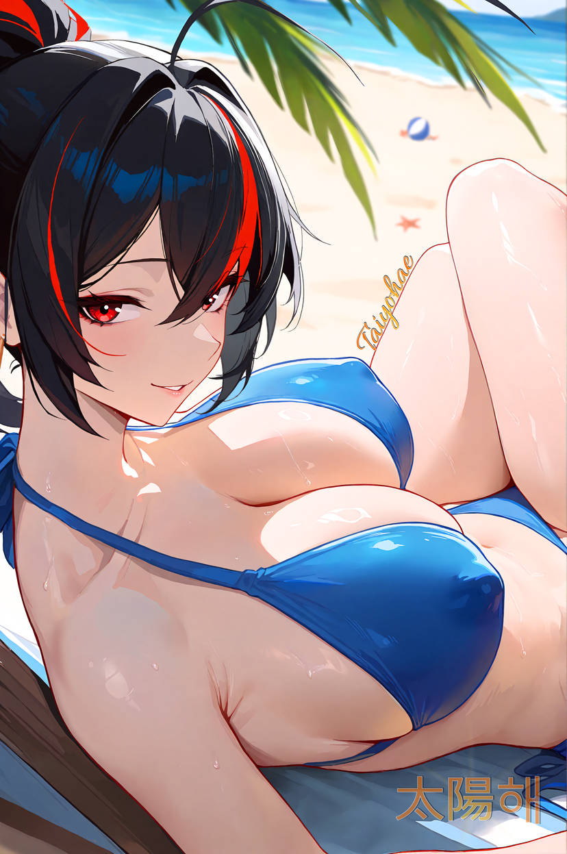 1girls, ai generated, beach, bikini, blue bikini, breasts, female, female focus, female only, hoyoverse, light skin, light-skinned female, mihoyo, mihoyo technology (shanghai) co. ltd., new eridu public security, solo, solo female, solo focus, zenless zone zero, zhu yuan