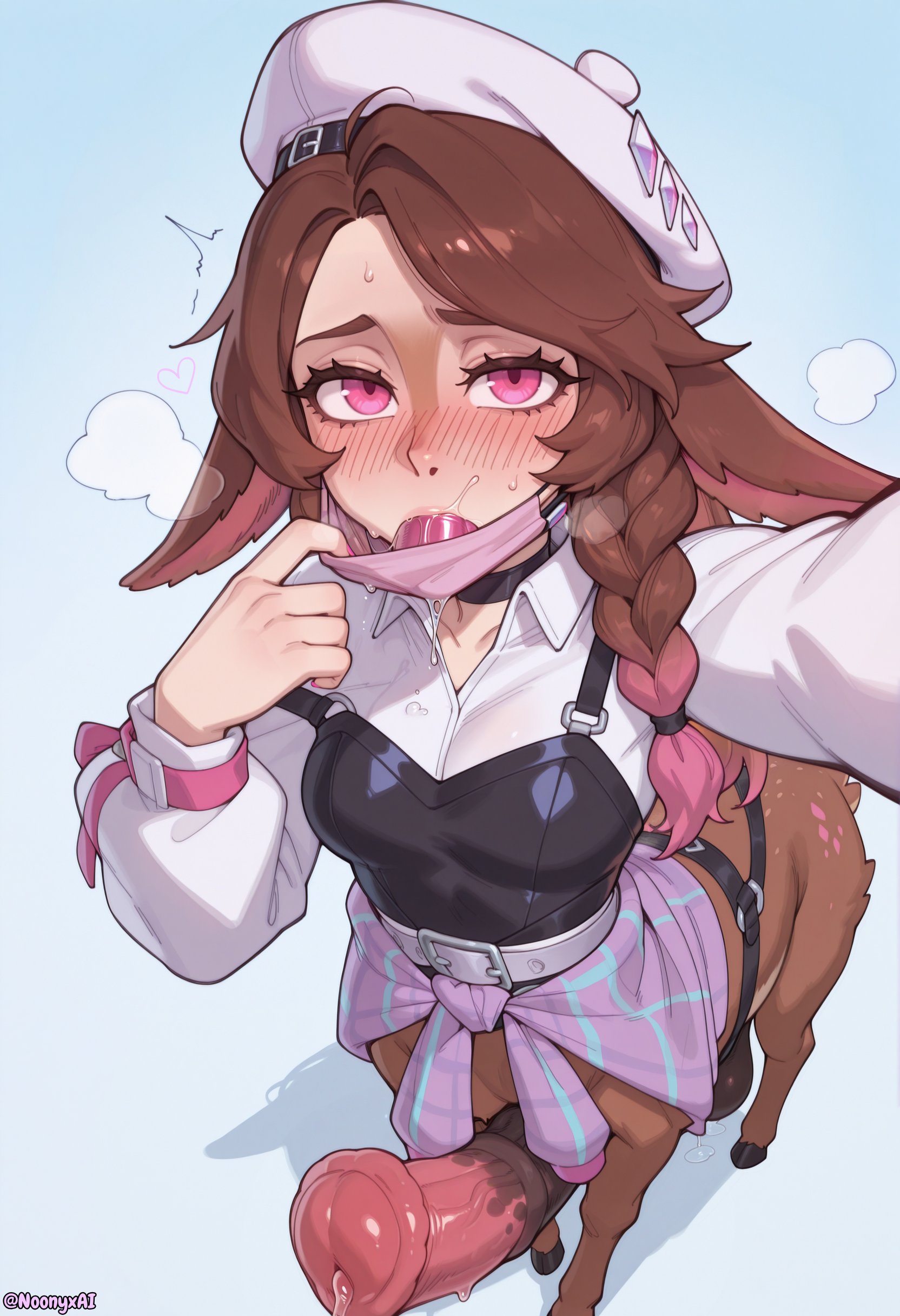 1futa, ai generated, big breasts, big penis, blush, breasts, brown hair, centaur, deer, deer ears, deer girl, deer taur, dildo, dildo in mouth, female, futa only, futanari, hidden dildo, horsecock, huge cock, intersex, k/da superfan, k/da superfan lillia, league of legends, lillia (league of legends), looking at viewer, mask, noonyx, partially clothed, penis, pink eyes, precum, precum drip, saliva, saliva trail, taking selfie, taur, text, veiny penis