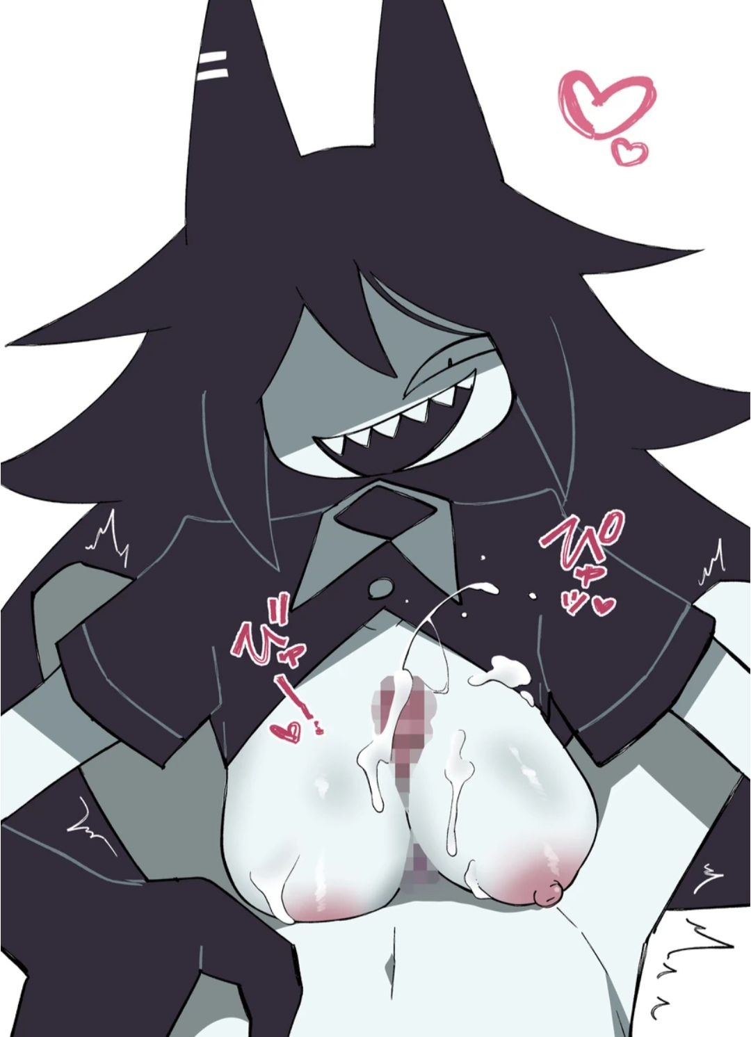 black hair, breasts, censored penis, cum, cum between breasts, dick, dominant female, ejaculation, ejaculation between breasts, female, fundamental paper education, hearts around head, japanese text, male, male/female, miss circle (fundamental paper education), paizuri, penis, school uniform, sharp teeth, submissive male, teacher, titfuck, titjob, wan txt, white background, white body