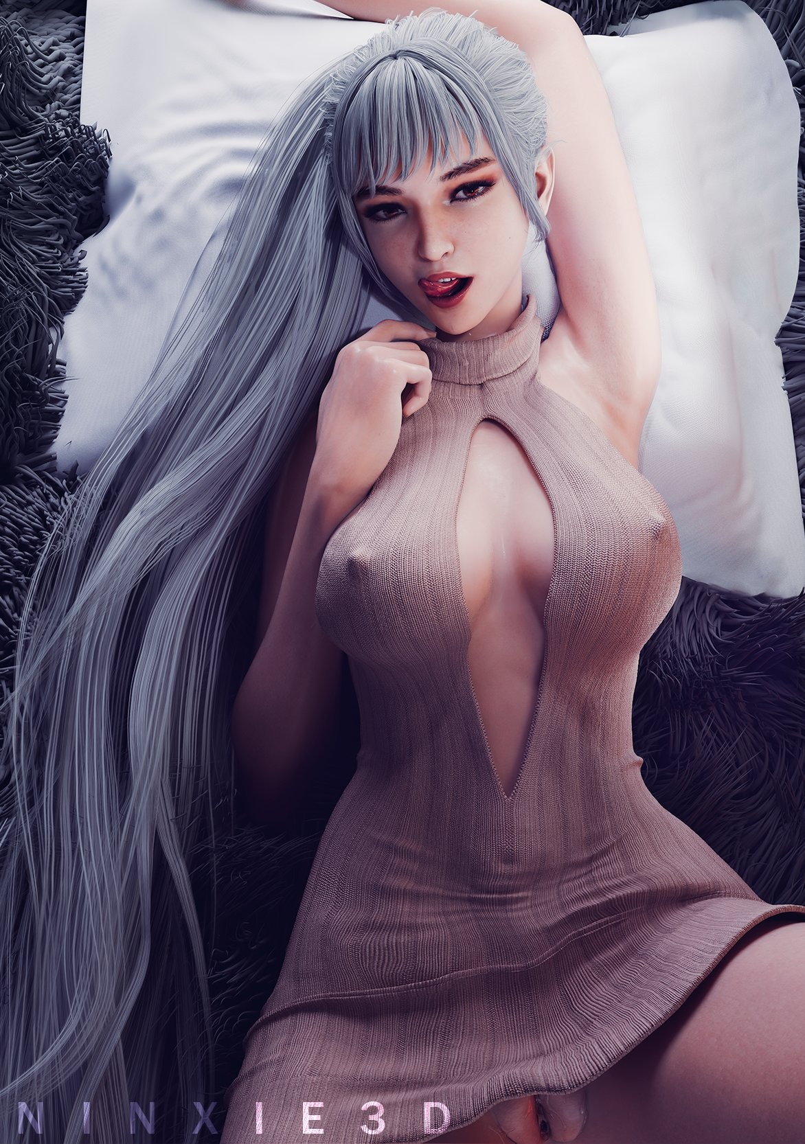 3d, eve (stellar blade), female, looking at viewer, ninxie3d, nipples visible through clothing, plump labia, puffy pussy, pussy, solo, solo female, solo focus, stellar blade, sticking out tongue, sweater, swollen pussy, white hair