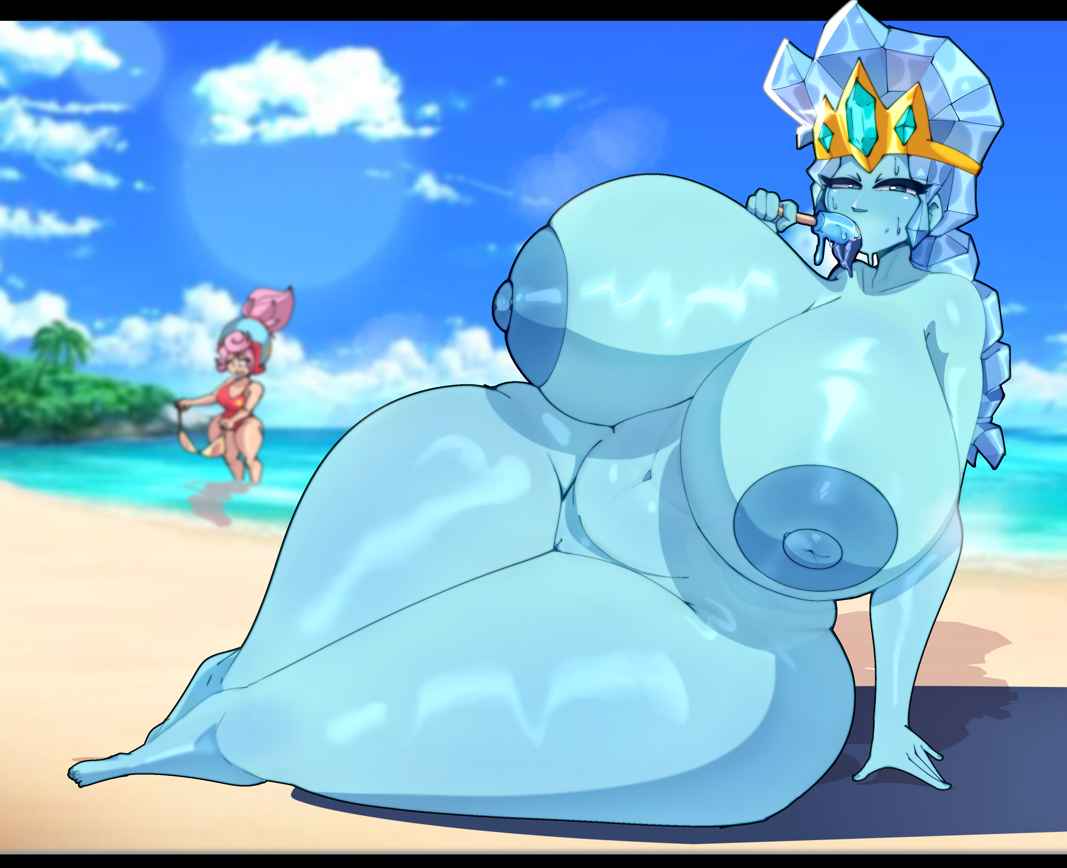 2girls, amber (brawl stars), ame momos, ass, beach, big ass, big breasts, bikini, bikini top, bikini top removed, blue body, blue eyes, blue hair, blue skin, blue skinned female, brawl stars, breasts, breasts out, clothing, completely nude, completely nude female, crown, duplicate, eating, eating ice cream, female, female focus, female only, frost queen amber (brawl stars), gigantic breasts, gigantic thighs, helmet, high resolution, huge breasts, ice, ice cream, ice hair, janet (brawl stars), large filesize, long hair, nipples, nude, ocean, pink hair, ponytail, pussy, ready for sex, sweat, sweatdrop, tagme, thick thighs, thighhighs, thighs, tiara, tongue, tongue out, tummy, very high resolution, wide hips