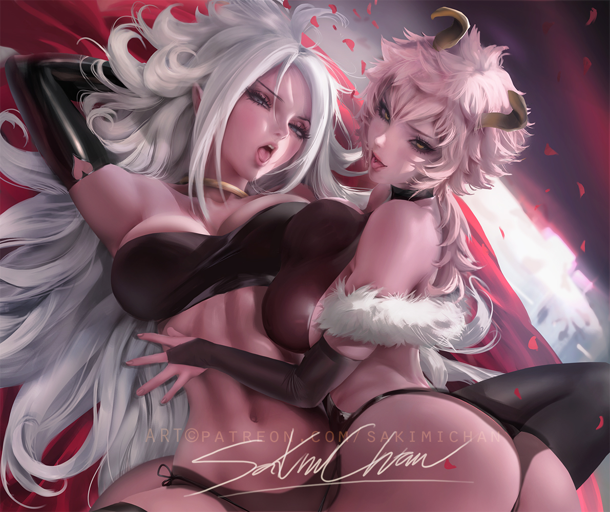 2010s, 2girls, android 21, android 21 (good), ass, big breasts, blue eyes, breasts, cleavage, covered breasts, crossover, dragon ball, dragon ball fighterz, female, female only, humanoid, large breasts, light persona, long hair, looking at viewer, looking back, majin, majin android 21, mina ashido, monster girl, my hero academia, panties, pink skin, pointy ears, sakimichan, tail, tongue, tongue out, white hair