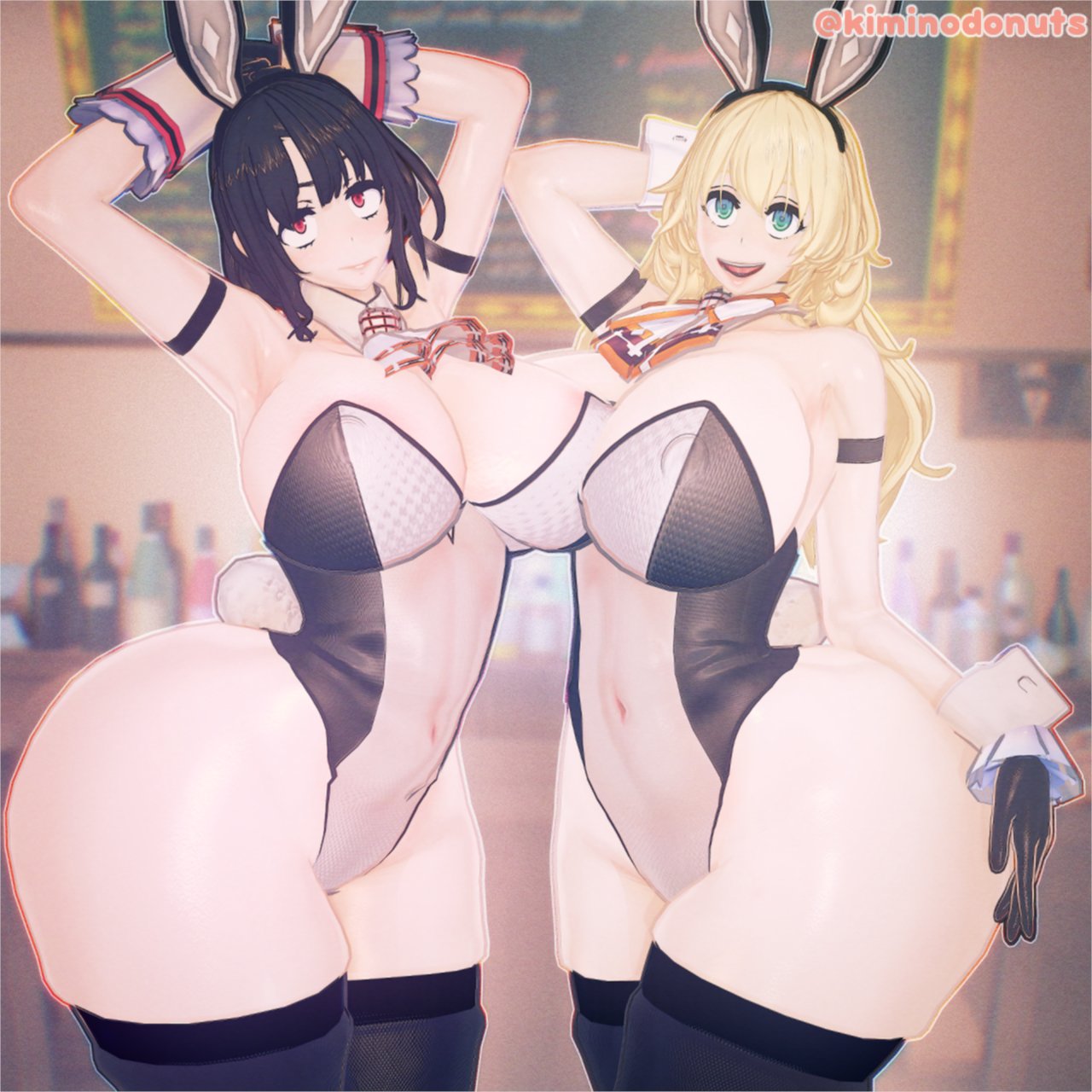3d, alternate costume, armpits, arms up, atago (kantai collection), belly button, big breasts, blush, breasts, bunny ears, bunny tail, bunnysuit, female, huge breasts, kantai collection, kiminodonuts, koikatsu, looking at viewer, nipple bulge, round breasts, smiling, tagme, takao (kantai collection), thick hips, thick legs, thick thighs, thigh squish, thighhighs, thin waist, tie