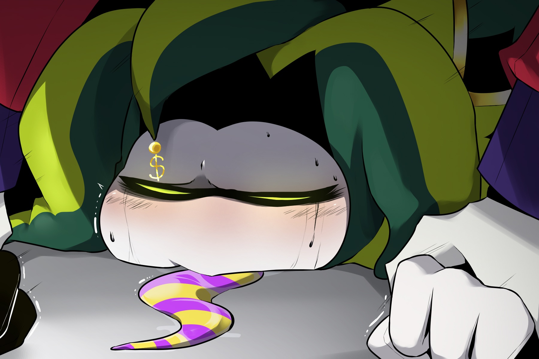 anal, asmodeus (helluva boss), blue, gay anal, gay male, helluva boss, jester, male, mammon (helluva boss), raped, tongue