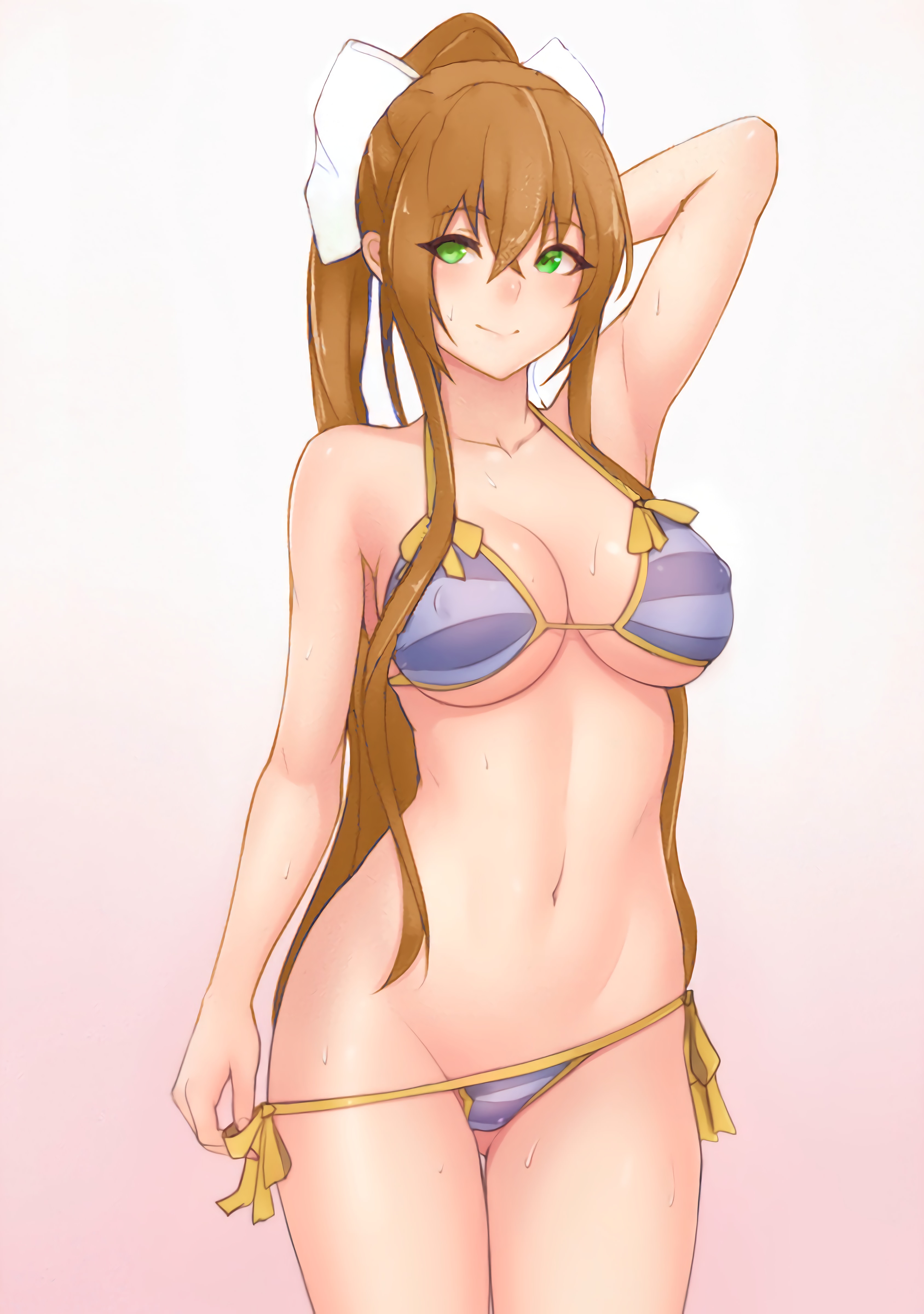 1girls, arm behind head, artist request, ass length hair, ass visible through thighs, big breasts, bikini, bow, breasts, brown hair, doki doki literature club, eyes visible through hair, female, green eyes, hair ribbon, hairbow, hand behind head, holding panties, hourglass figure, long hair, looking at viewer, monika (doki doki literature club), ponytail, ribbon, shimapan, sidelocks, simple background, solo, solo female, striped bikini, tagme, thick thighs, wet, wet skin, white bow, white ribbon, wide hips