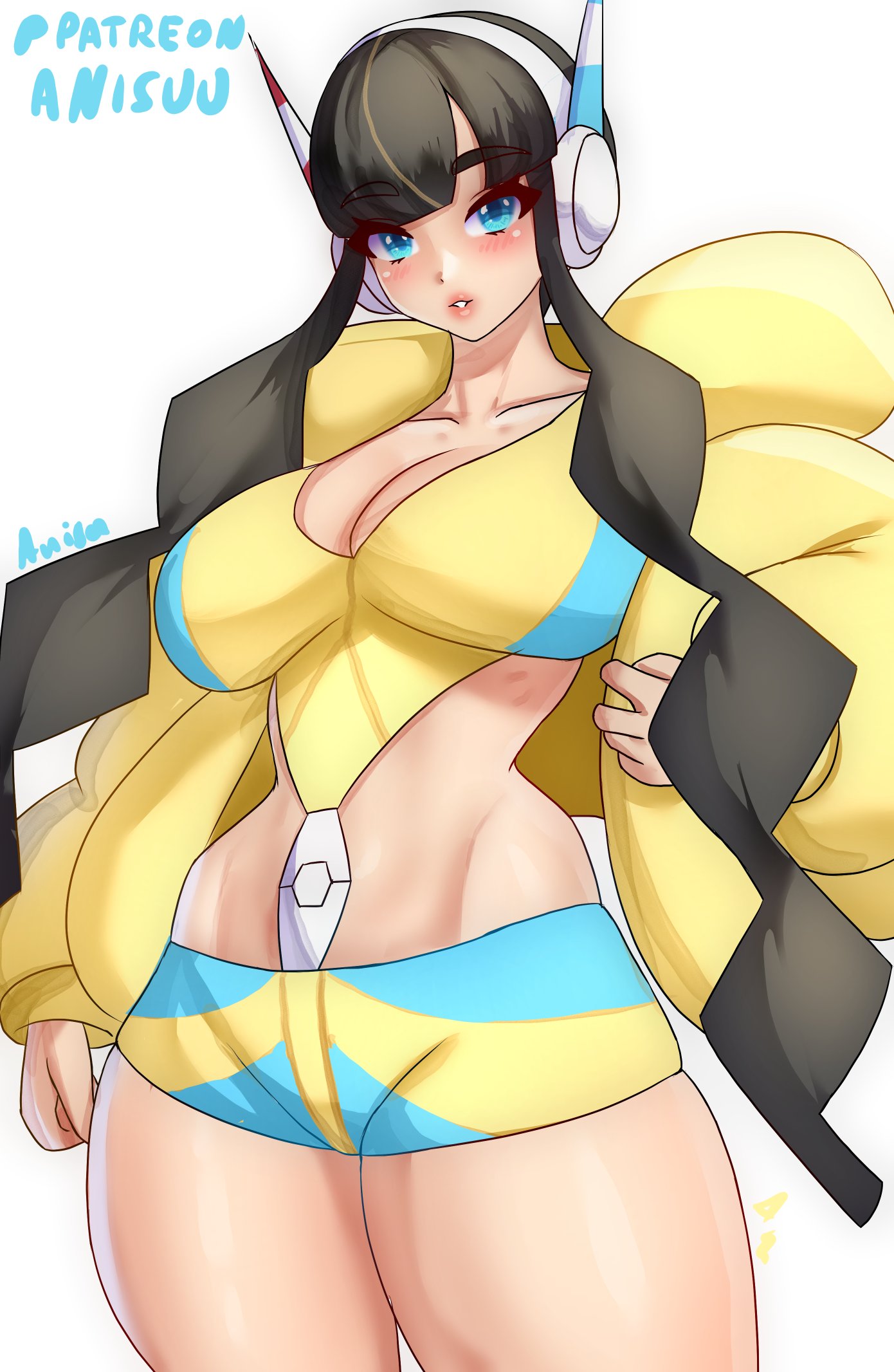 1girls, anisdrawn, blue eyes, breasts, elesa (pokemon), female, female focus, female only, large breasts, light skin, light-skinned female, looking at viewer, nintendo, pokemon, pokemon bw, solo, thick thighs, thighs, white background, wide hips