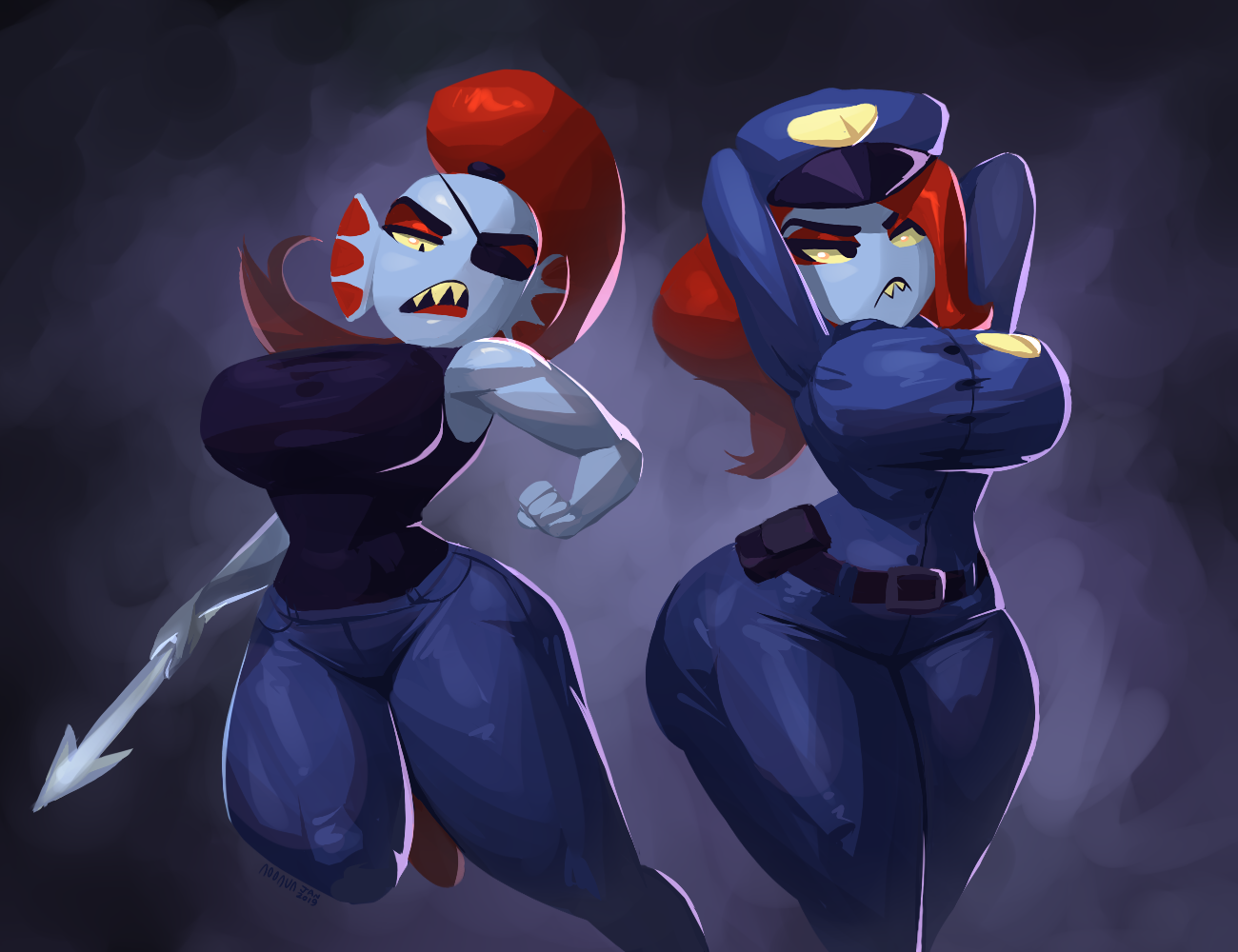 5 fingers, abstract background, arms behind head, ass, big ass, big breasts, blue skin, breasts, busty, dark background, deltarune, eye patch, female, female only, fish girl, gills, hourglass figure, muscular, noonun, police, police hat, police officer, police uniform, policewoman, ponytail, red hair, spear, tank top, thick thighs, thin waist, tight clothing, undertale, undyne, undyne (deltarune), weapon