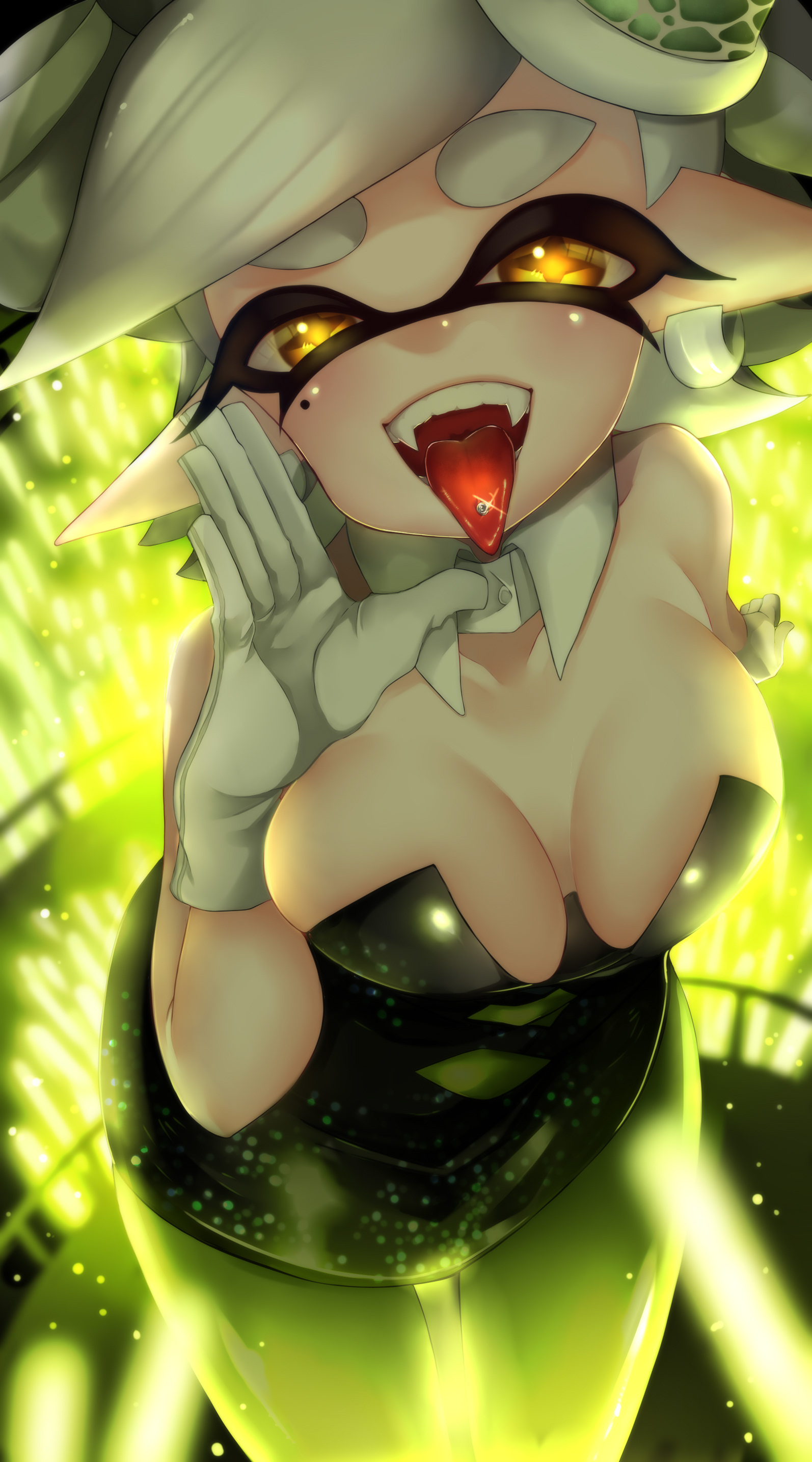 1girls, breasts, cleavage, detached collar, dress, earrings, female, female only, gloves, green pantyhose, inkling, inkling girl, large breasts, looking at viewer, marie (splatoon), mole, mole under eye, mugyiiiii ika, nintendo, open mouth, pantyhose, piercing, pointy ears, short hair, solo, solo female, solo focus, splatoon, splatoon (series), squid sisters, tentacle hair, tongue, tongue out, tongue piercing, white gloves