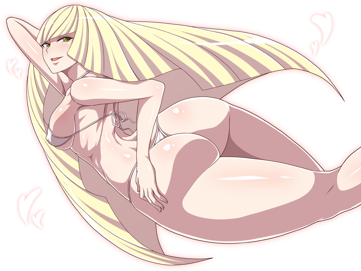 1girls, aether foundation, arm up, armpits, ass, back, bare shoulders, bikini, blonde hair, blush, breasts, clothed, eye contact, eyelashes, female, female only, green eyes, half-closed eyes, heart, huge ass, human, keke (kekekue), large breasts, long hair, looking at viewer, looking back, lusamine (pokemon), milf, mother, nintendo, open mouth, pokemon, pokemon sm, sideboob, smile, solo, tongue, white background, white bikini