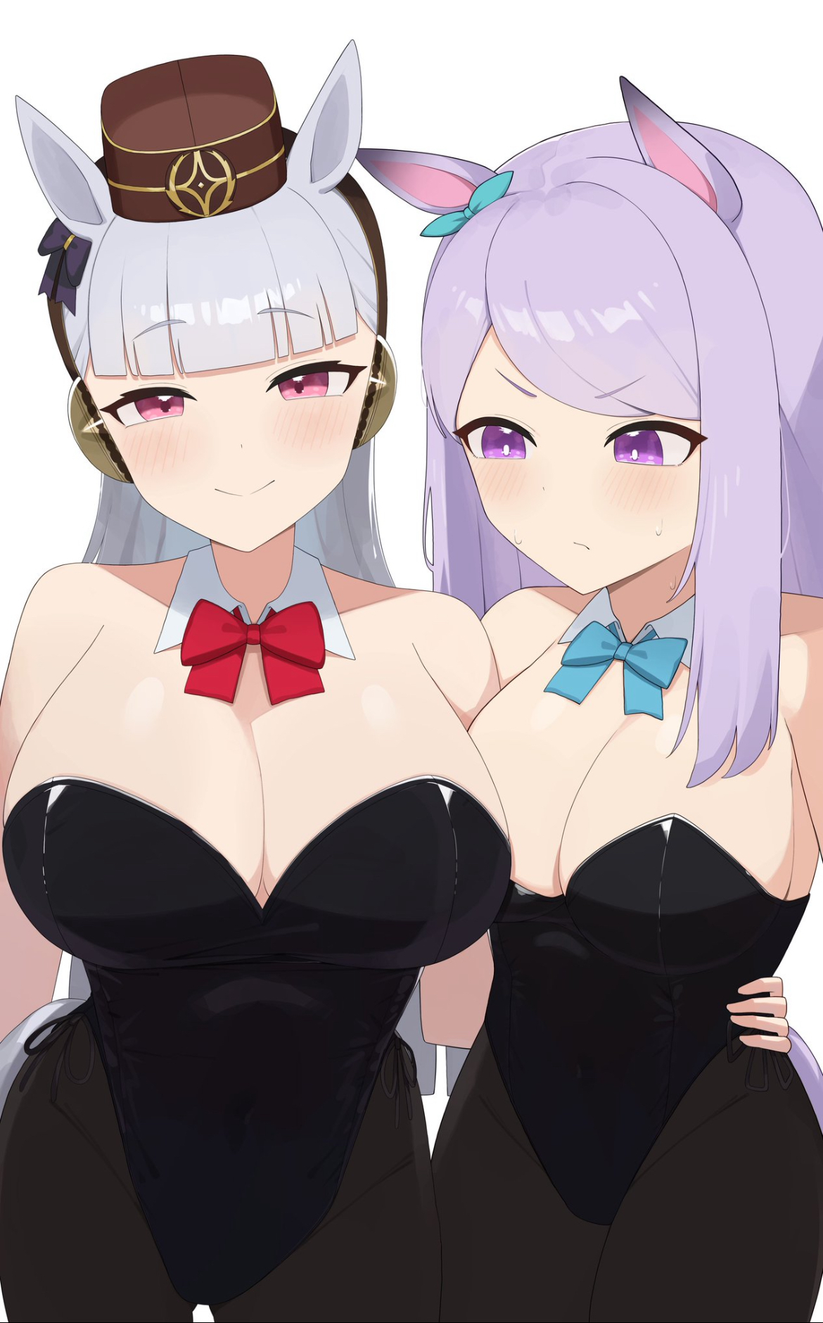 2girls, big breasts, breast size difference, breast to breast, breasts, breasts touching, bunny, bunnysuit, cleavage, cleavage overflow, curves, curvy, curvy female, cute, cute face, different breast sizes, female, female only, gold ship (umamusume), hand on waist, hips, horse, horse ears, horse girl, looking at breasts, looking at viewer, mejiro mcqueen (umamusume), pale-skinned female, pantyhose, petite, petite female, pink eyes, purple eyes, purple hair, sexy, sexy body, silver hair, tiny waist, umamusume, umamusume pretty derby