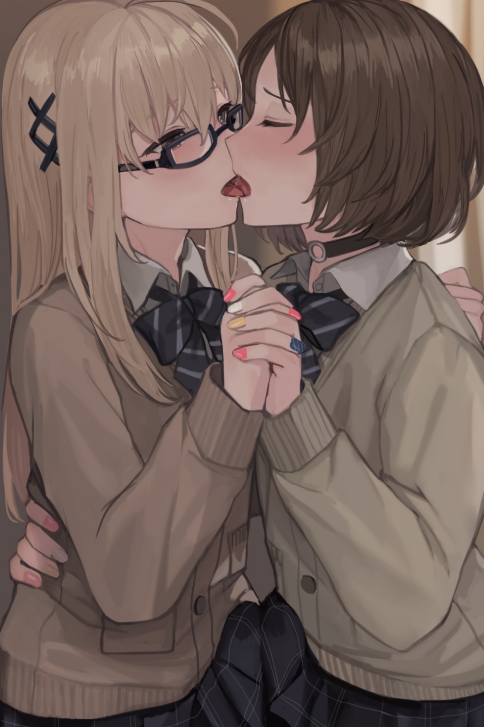 2girls, ahoge, bangs, black neckwear, black skirt, blonde hair, blue nails, blush, bow, bowtie, brown hair, buttons, cardigan, closed eyes, collared shirt, dress shirt, eyebrows visible through hair, female, fingernails, french kiss, glasses, hair ornament, holding hands, indoors, interlocked fingers, jewelry, kissing, long hair, long sleeves, multiple females, multiple girls, nail polish, pink nails, plaid skirt, pleated skirt, saliva, saliva trail, school uniform, shirt, short hair, sitting, skirt, sleeves past wrists, striped, striped neckwear, tongue, tongue out, white shirt, wing collar, yuri