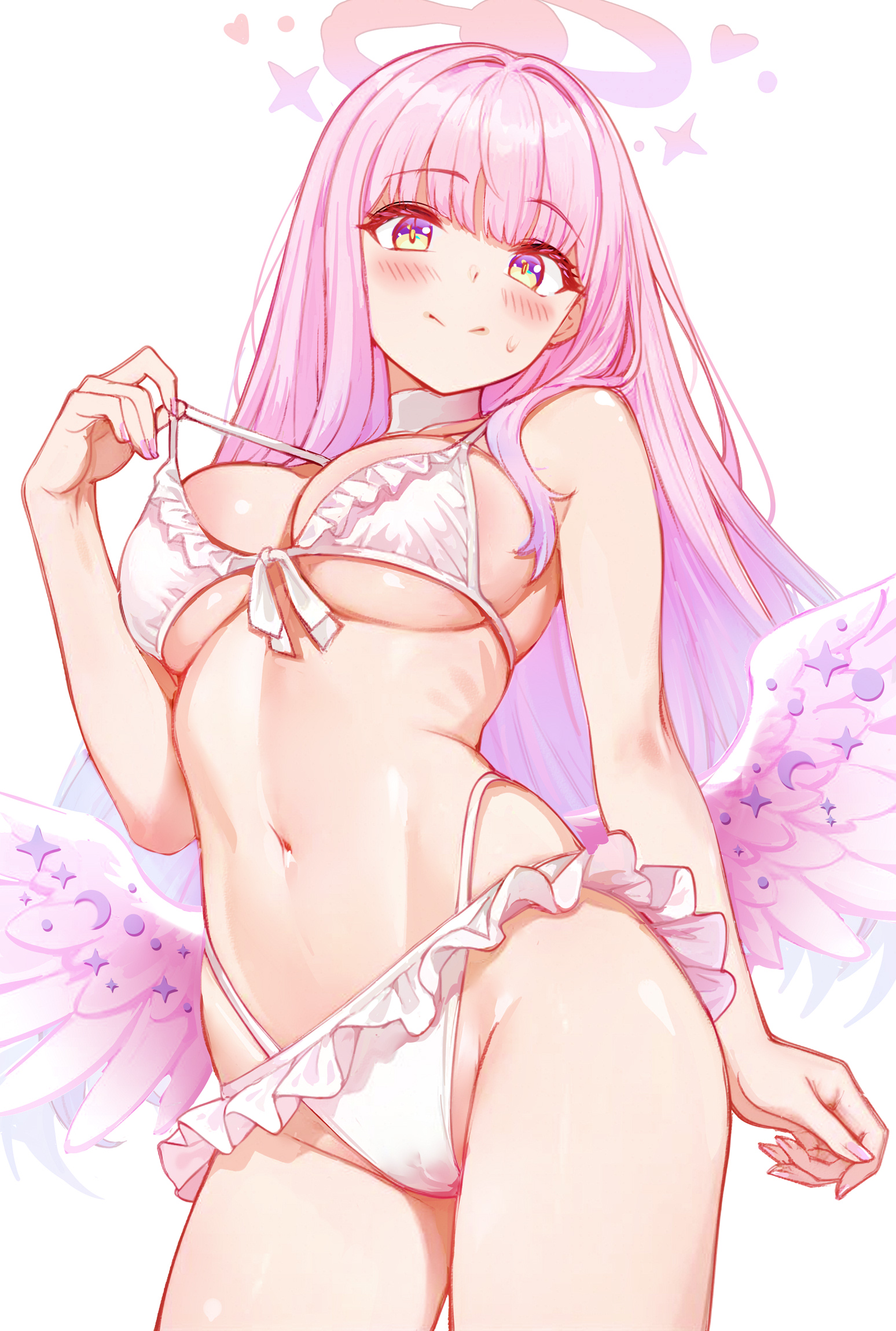 ankomochi142, bikini, blue archive, blush, breasts, closed mouth, commentary request, female, halo, highres, large breasts, long hair, looking at viewer, mika (blue archive), mika (swimsuit) (blue archive), navel, official alternate costume, pink hair, pink halo, revision, simple background, smile, swimsuit, tea party (blue archive), trinity general school student, white background, white bikini, white wings, wings, yellow eyes