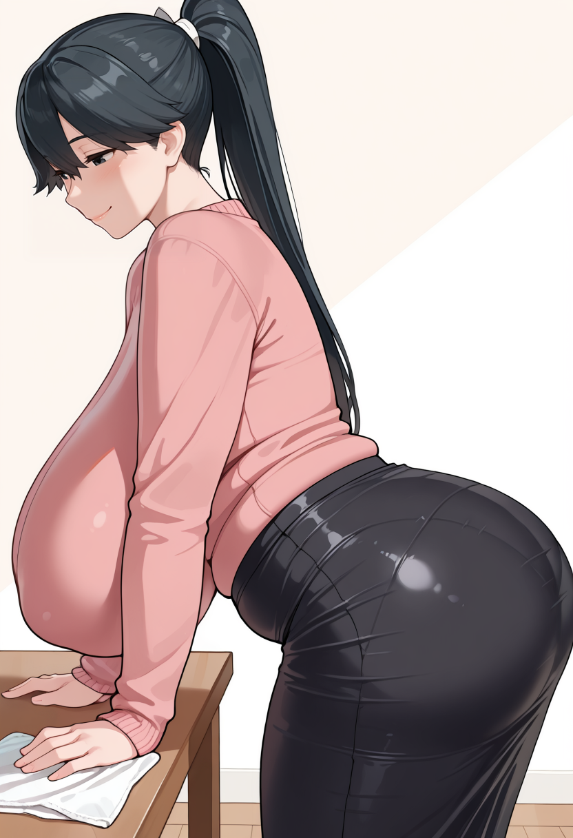 ai generated, alternate breast size, ass, black eyes, black hair, blush, breasts, cleaning, covered nipples, curvy, female, gigantic breasts, high ponytail, houshou (kantai collection), huge ass, kantai collection, long hair, long skirt, mature female, milf, pantylines, pink sweater, plump, ponytail, self upload, skintight, skintight clothing, skirt, smile, solo, sweater, table, thighs, tight skirt