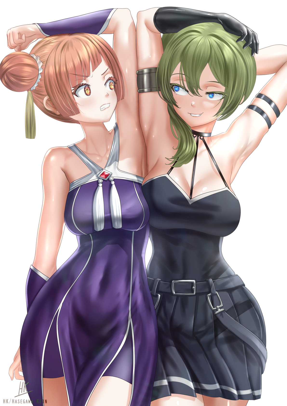 2girls, angry, angry expression, angry face, arm, armpits, armpits fetish, artist request, breasts, catfight, choker, comparing, comparison, detailed, double bun, dressed, female, female only, frieren beyond journey's end, ginger, ginger hair, green hair, huge breasts, laufen (sousou no frieren), lewd, multiple girls, sousou no frieren, stare, tagme, ubel (sousou no frieren), white background, yuri