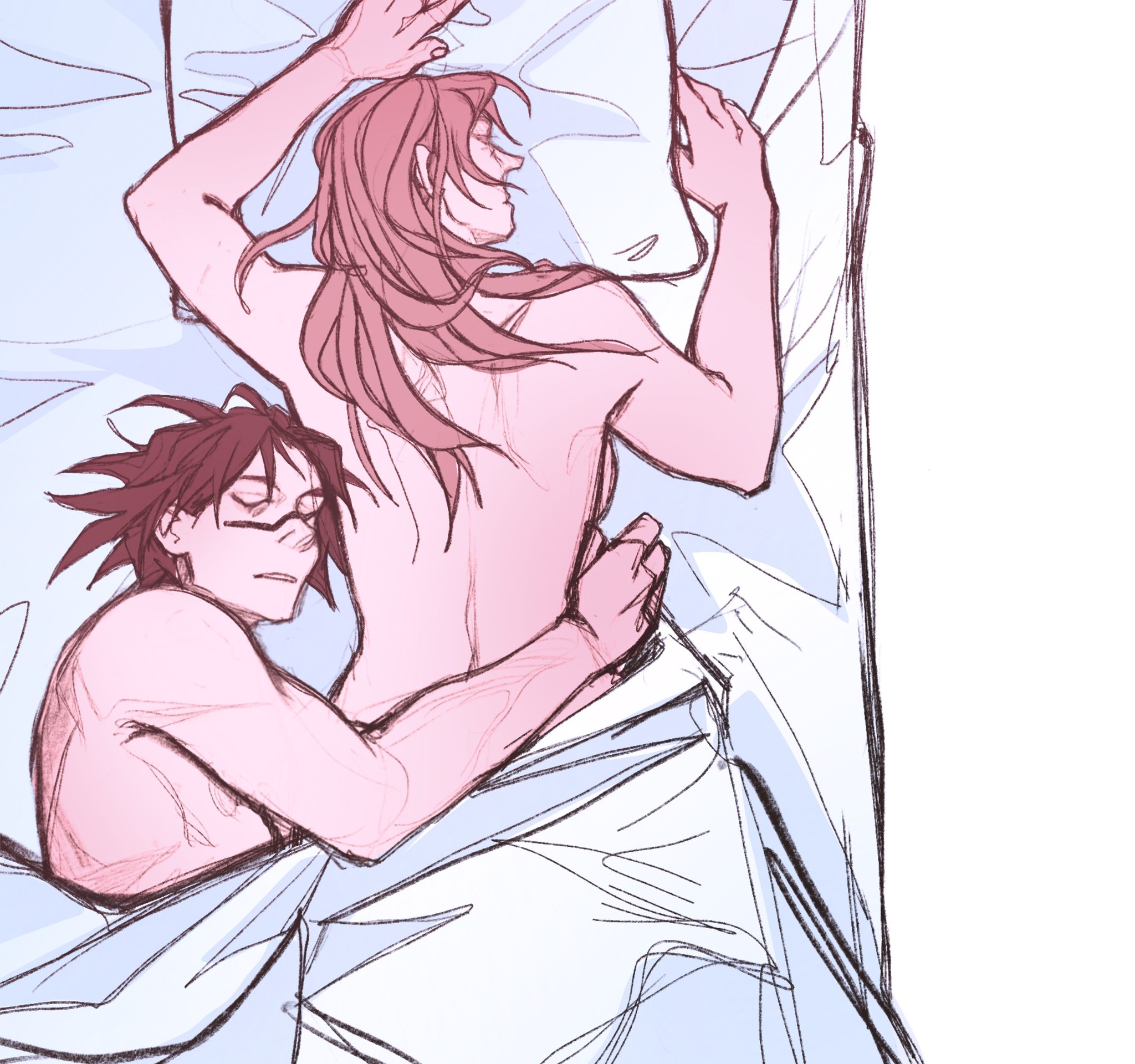 1boy, 1girls, adorable, after sex, arinavah, black hair, black-haired male, blonde hair, blonde-haired female, choso kamo, cute, female, jujutsu kaisen, male, male/female, morning after, nude, on stomach, romantic couple, shirtless, sleeping, straight, topless, wholesome, yuki tsukumo